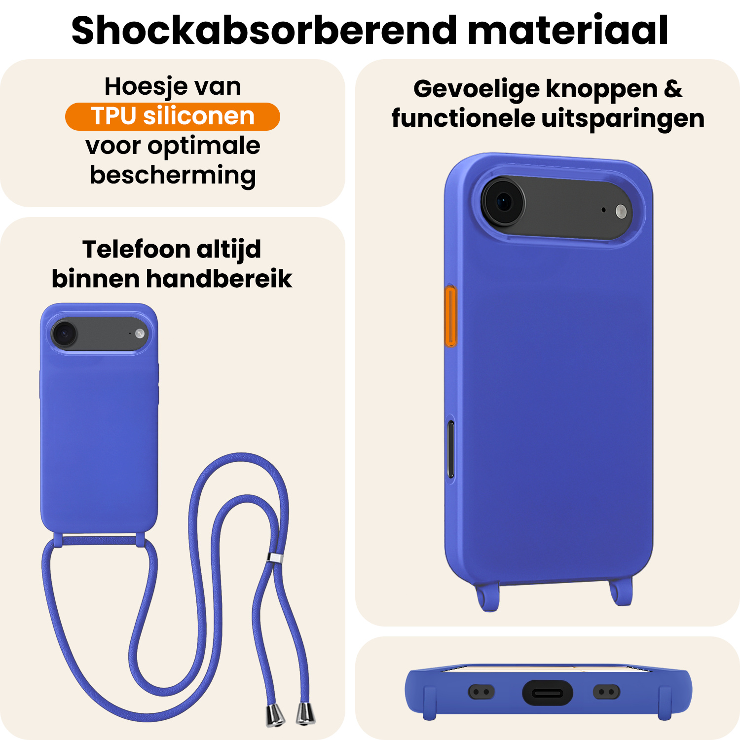 Nomfy Nomfy iPhone Air Hoesje met Koord Met 2x Screenprotector - Fel Blauw