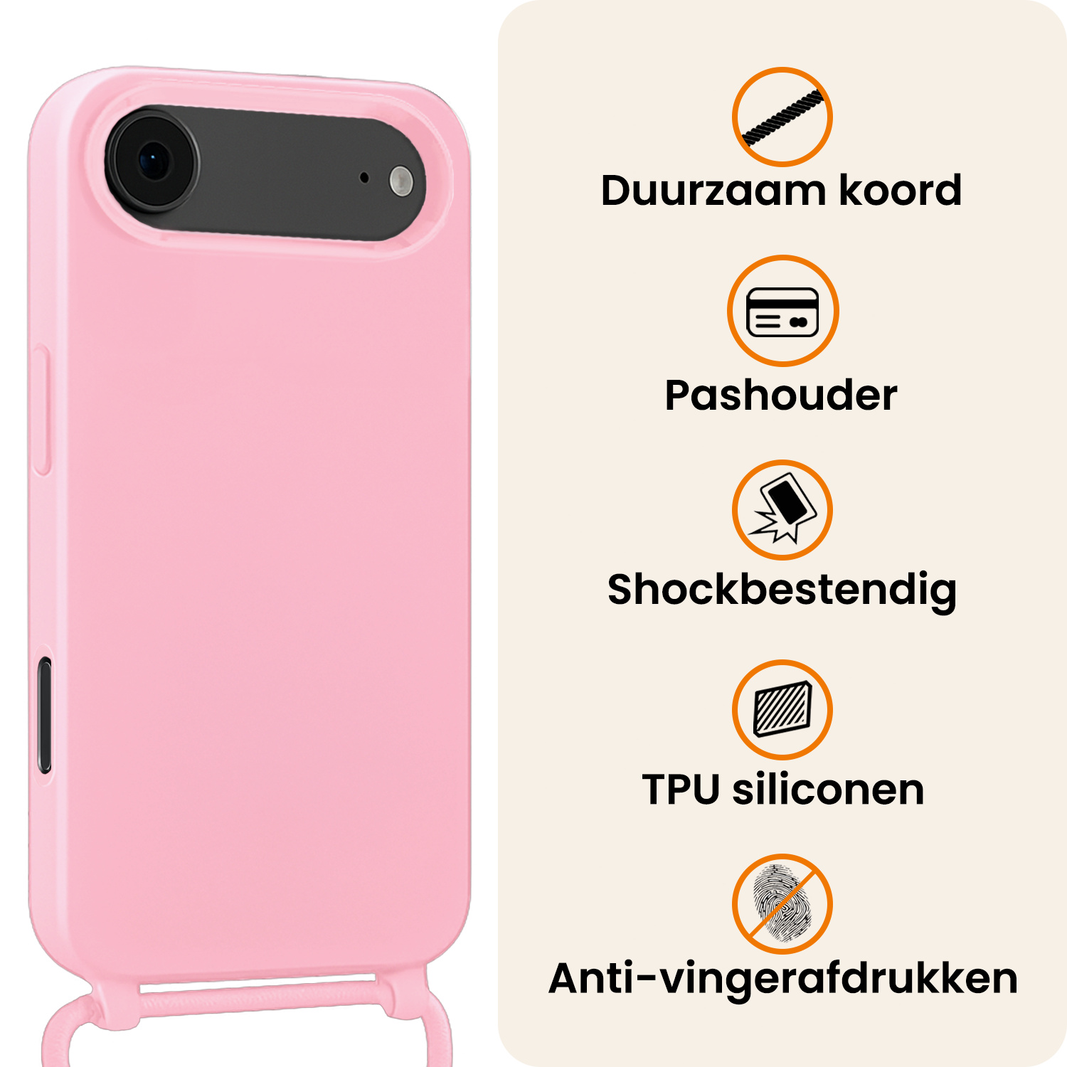 Nomfy Nomfy iPhone Air Hoesje met Koord Met Screenprotector - Lichtroze