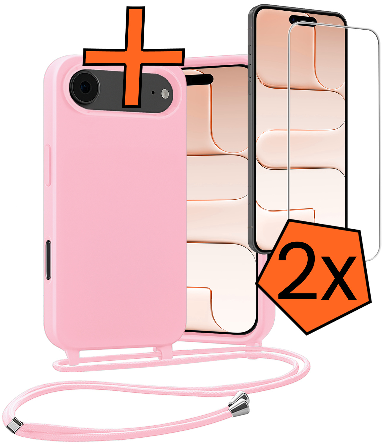 Nomfy Nomfy iPhone Air Hoesje met Koord Met 2x Screenprotector - Lichtroze