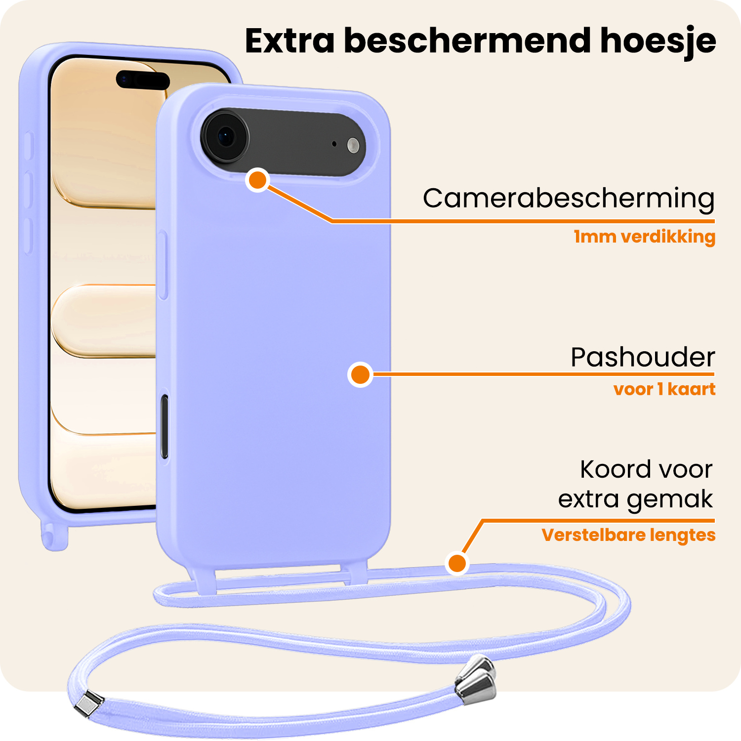 Nomfy Nomfy iPhone Air Hoesje met Koord Met 2x Screenprotector - Lila