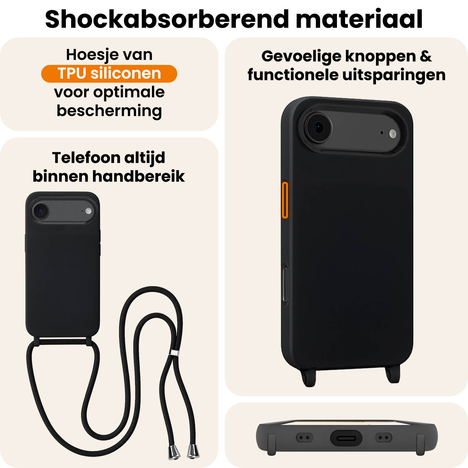 Nomfy Nomfy iPhone Air Hoesje met Koord - Zwart - 2 PACK