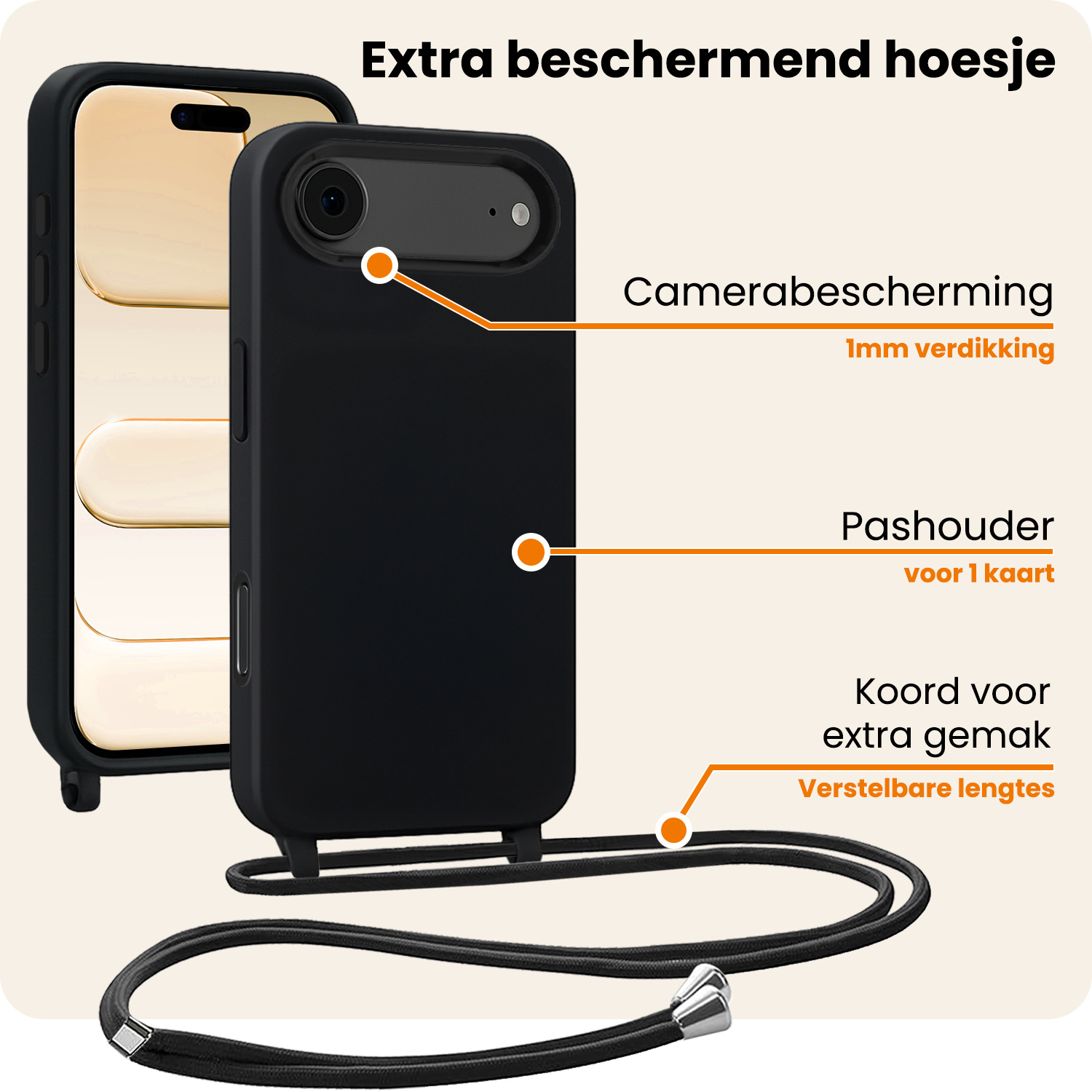 Nomfy Nomfy iPhone Air Hoesje met Koord Met 2x Screenprotector - Zwart