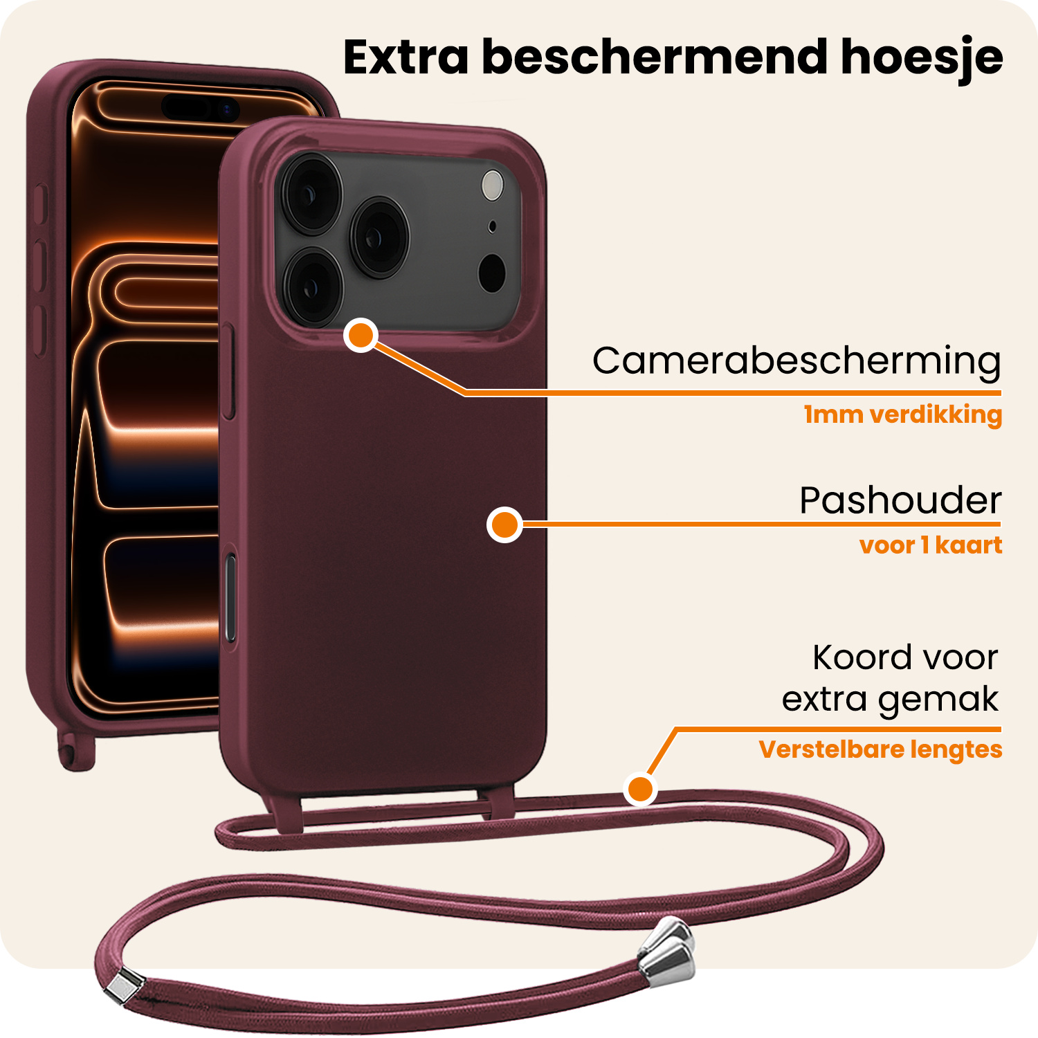 Nomfy Nomfy iPhone 17 Pro Hoesje met Koord Met Screenprotector - Aubergine