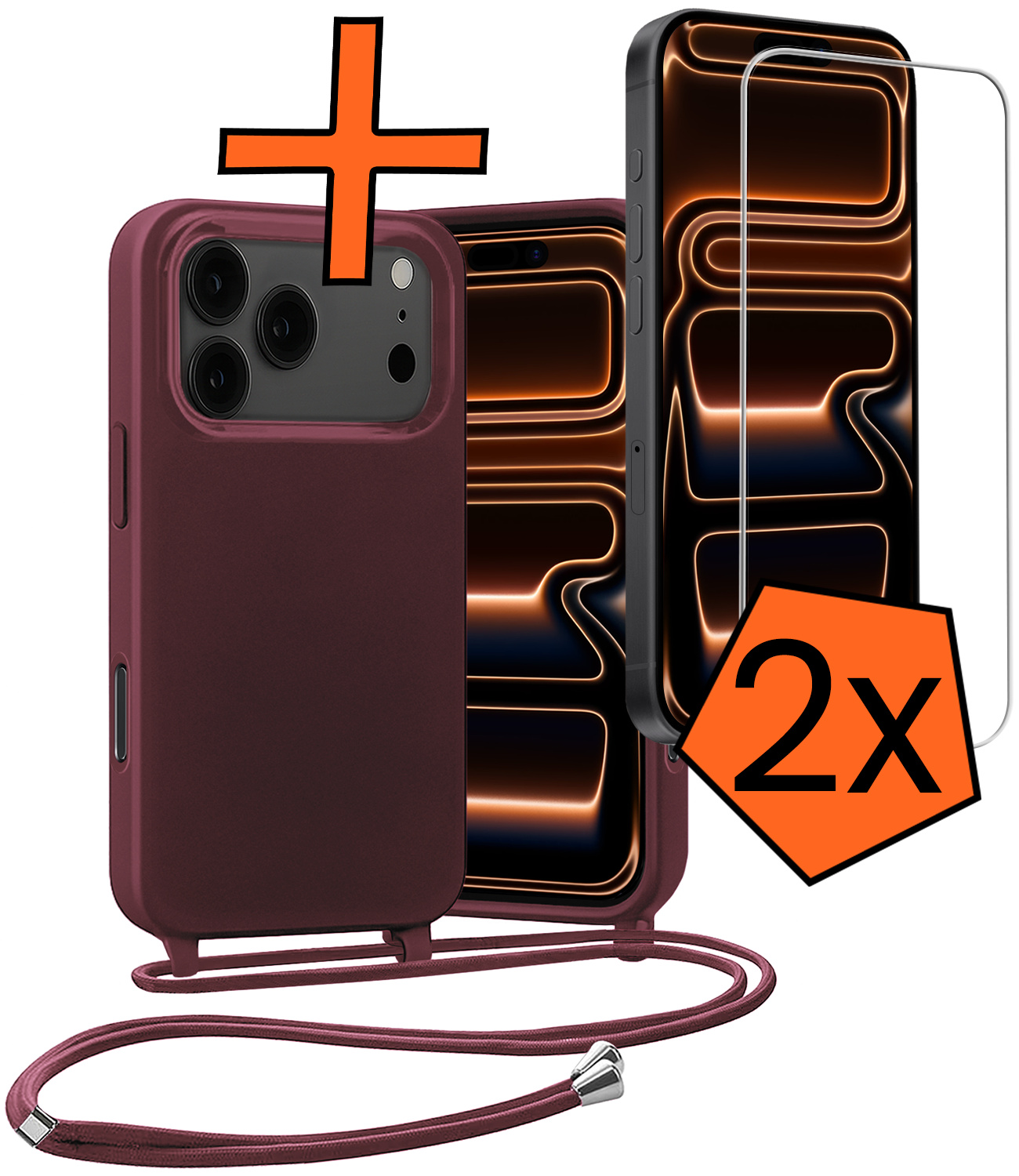 Nomfy Nomfy iPhone 17 Pro Hoesje met Koord Met 2x Screenprotector - Aubergine