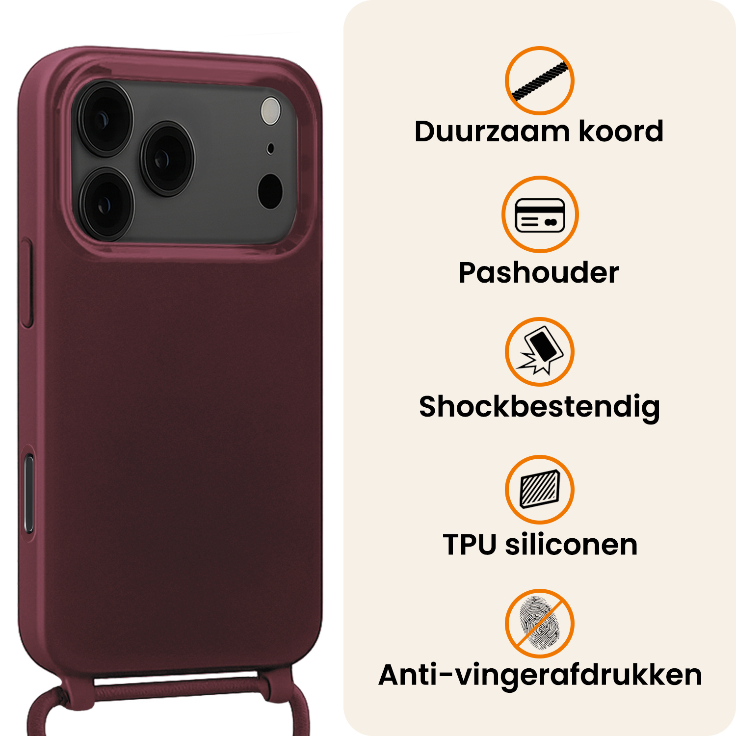 Nomfy Nomfy iPhone 17 Pro Hoesje met Koord Met 2x Screenprotector - Aubergine