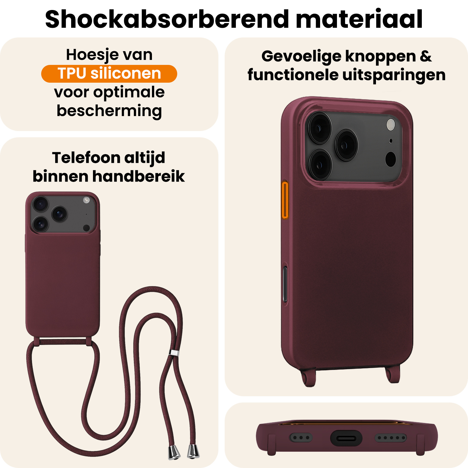 Nomfy Nomfy iPhone 17 Pro Hoesje met Koord Met 2x Screenprotector - Aubergine
