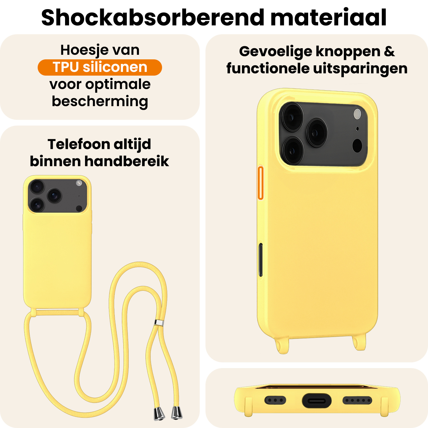 Nomfy Nomfy iPhone 17 Pro Hoesje met Koord Met 2x Screenprotector - Geel