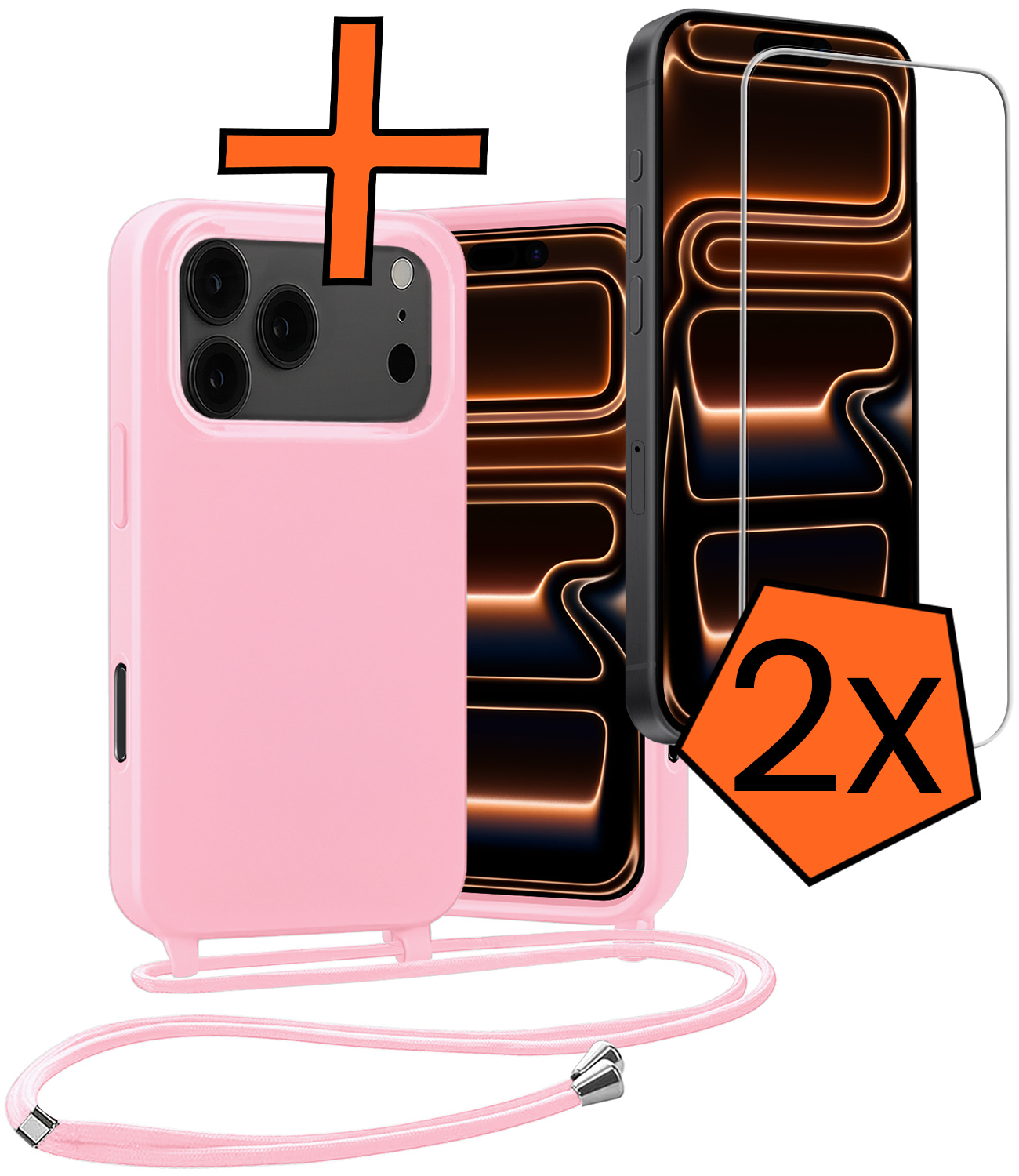 Nomfy Nomfy iPhone 17 Pro Hoesje met Koord Met 2x Screenprotector - Lichtroze