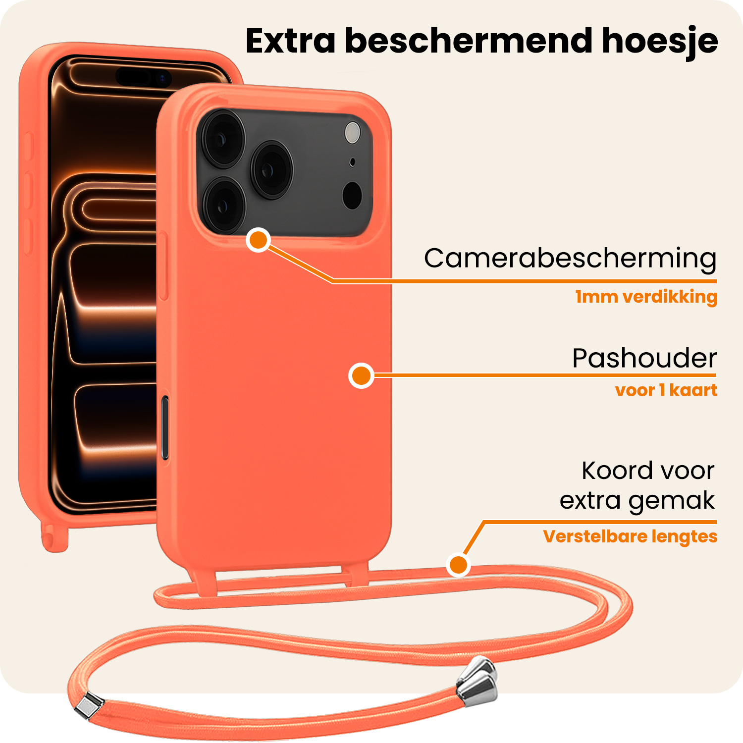 Nomfy Nomfy iPhone 17 Pro Hoesje met Koord - Papaya