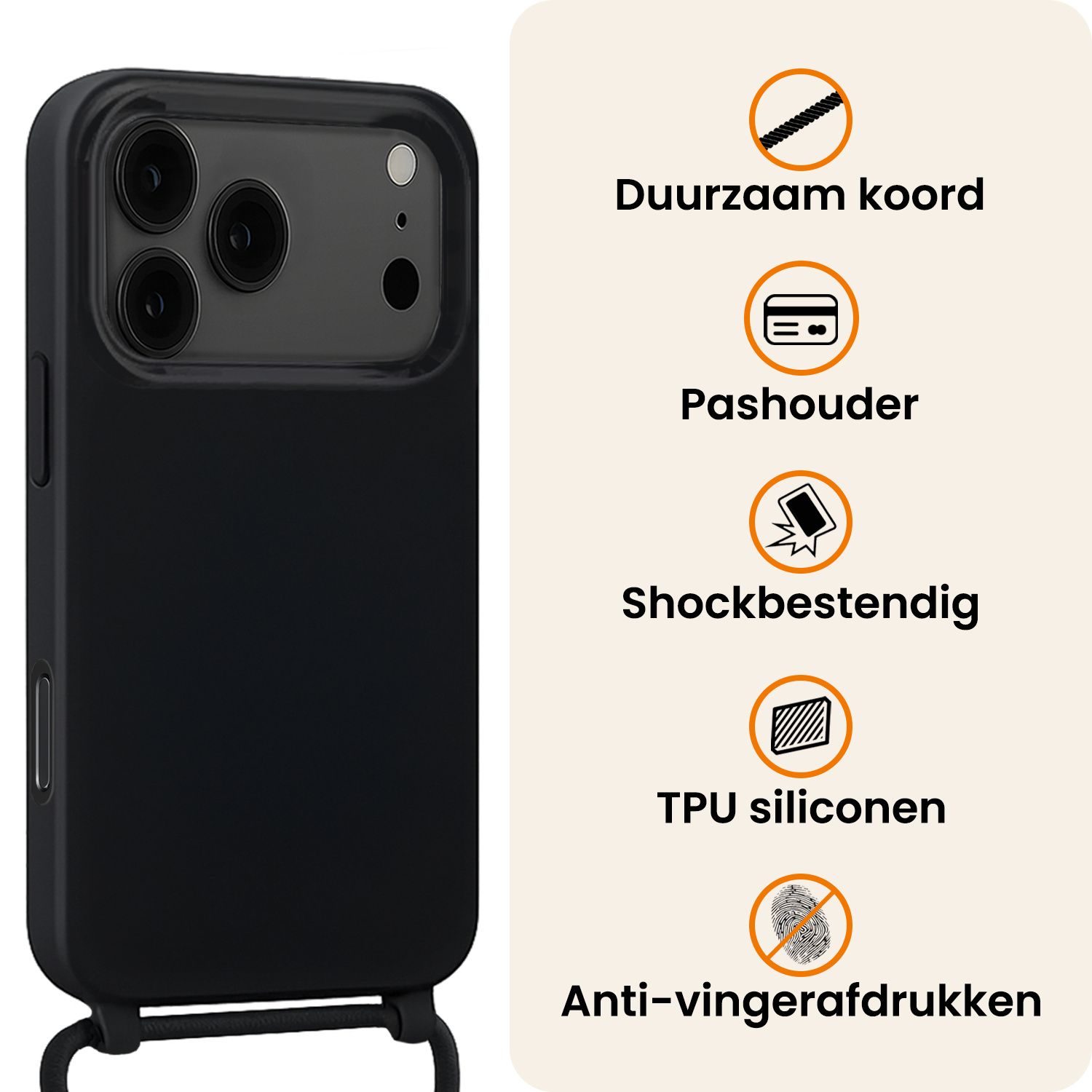 Nomfy Nomfy iPhone 17 Pro Hoesje met Koord - Zwart