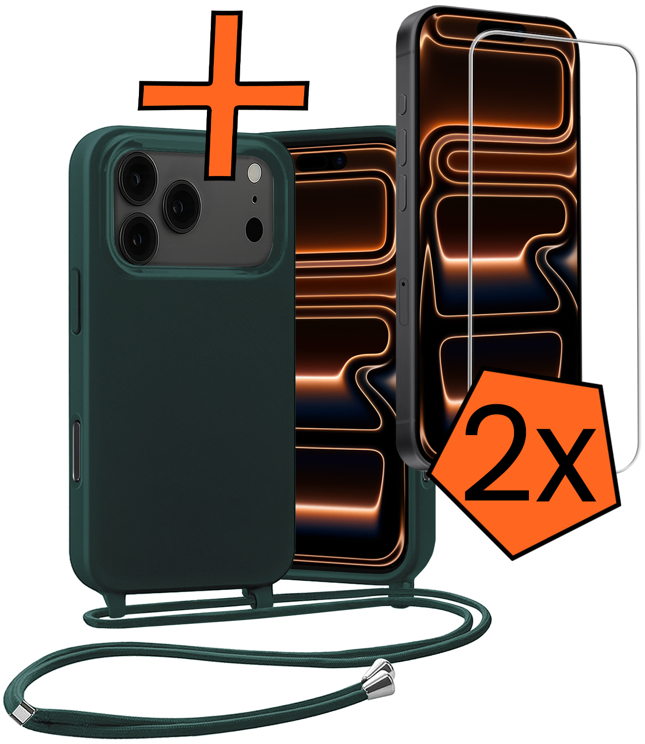 Nomfy Nomfy iPhone 17 Pro Max Hoesje met Koord Met 2x Screenprotector - Donkergroen