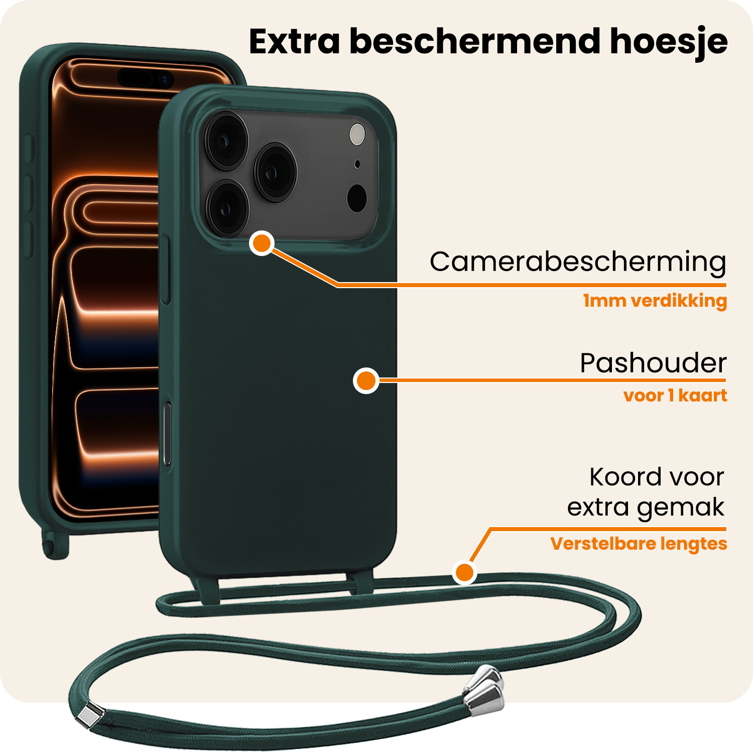 Nomfy Nomfy iPhone 17 Pro Max Hoesje met Koord Met 2x Screenprotector - Donkergroen