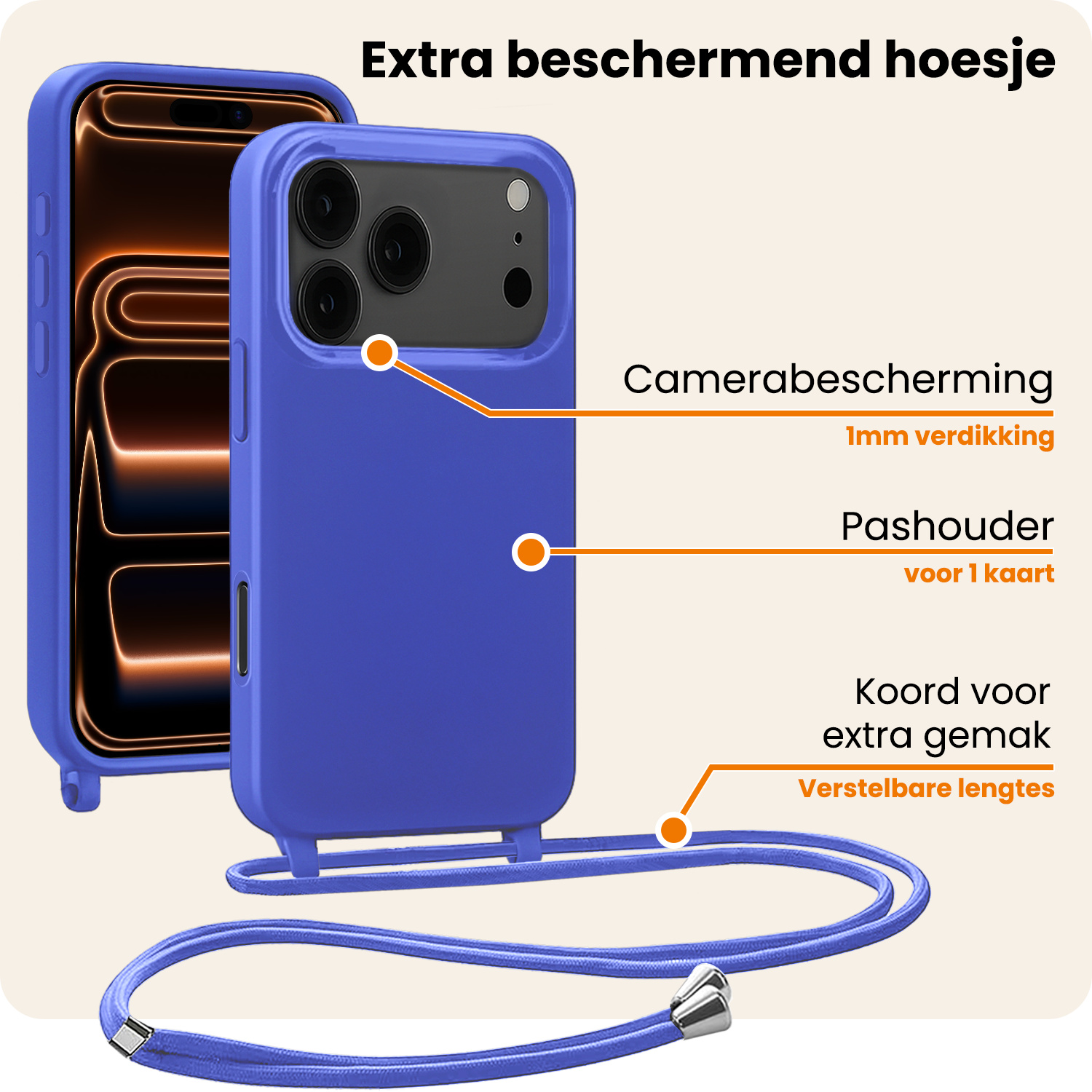 Nomfy Nomfy iPhone 17 Pro Max Hoesje met Koord Met Screenprotector - Fel Blauw