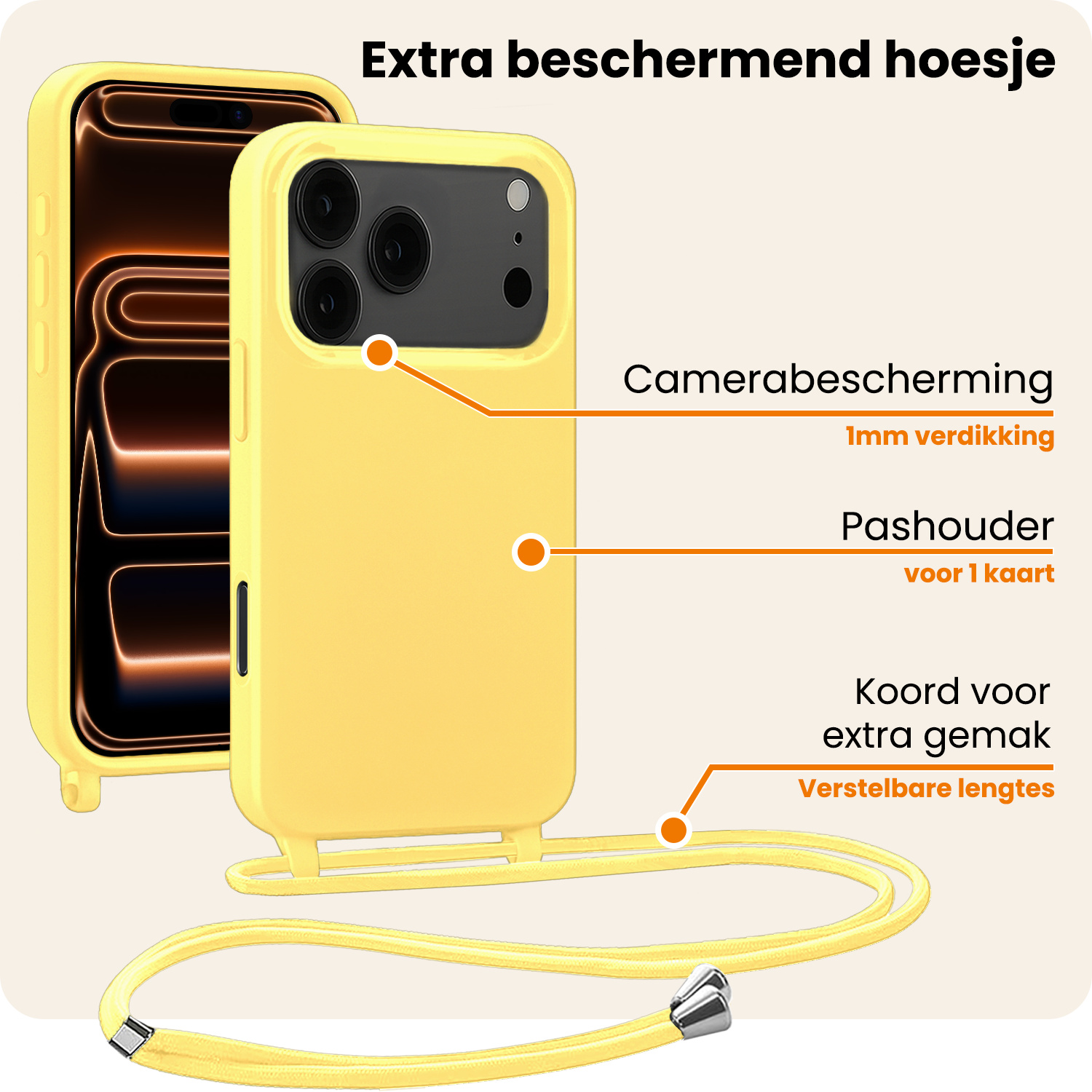 Nomfy Nomfy iPhone 17 Pro Max Hoesje met Koord - Geel - 2 PACK