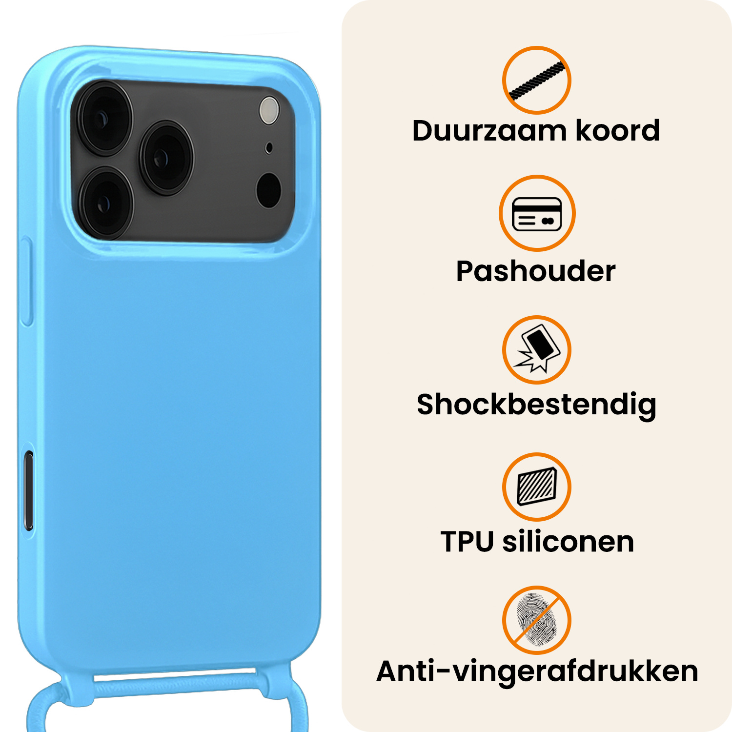 Nomfy Nomfy iPhone 17 Pro Max Hoesje met Koord Met 2x Screenprotector - Lichtblauw