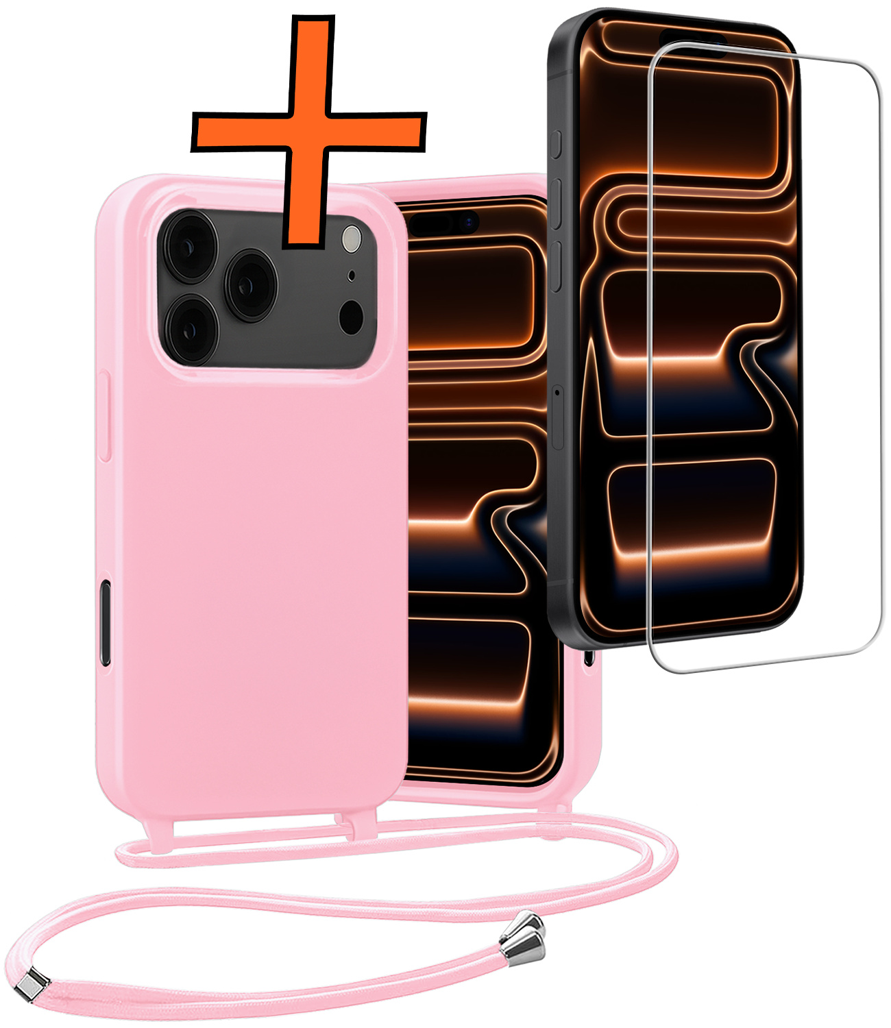 Nomfy Nomfy iPhone 17 Pro Max Hoesje met Koord Met Screenprotector - Lichtroze