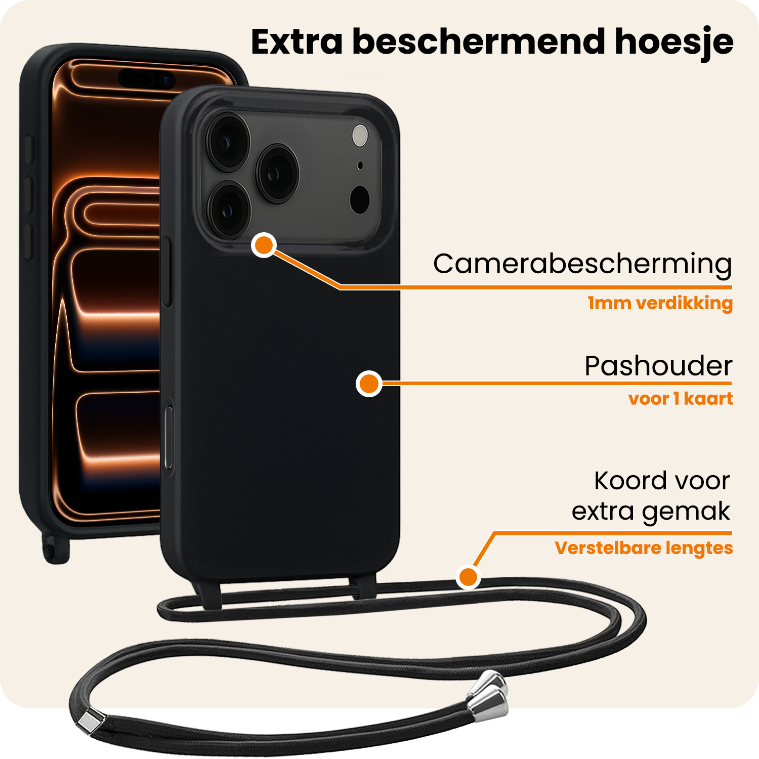Nomfy Nomfy iPhone 17 Pro Max Hoesje met Koord - Zwart