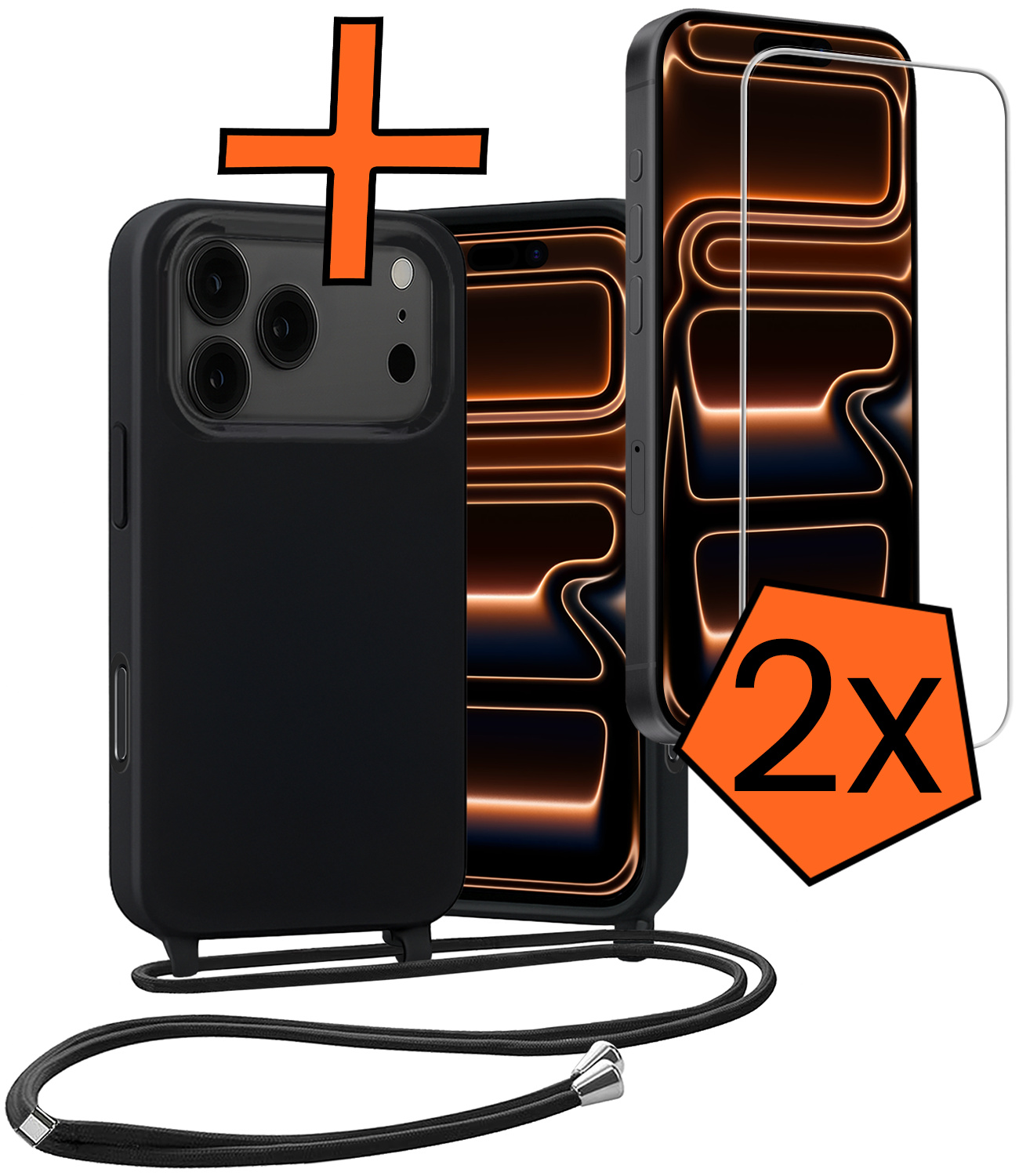Nomfy Nomfy iPhone 17 Pro Max Hoesje met Koord Met 2x Screenprotector - Zwart