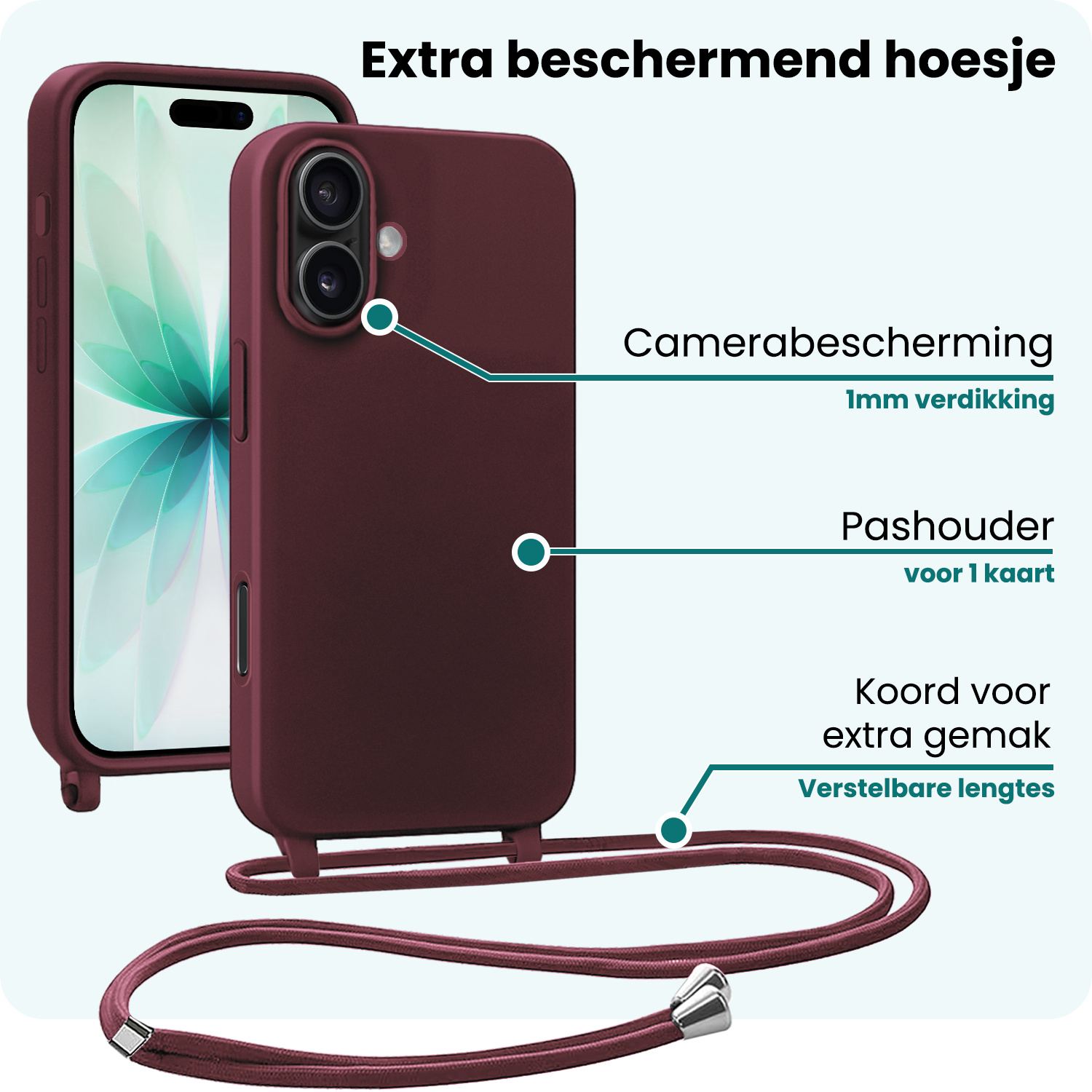 Forterra Forterra iPhone 17 Hoesje met Koord Met Screenprotector - Aubergine