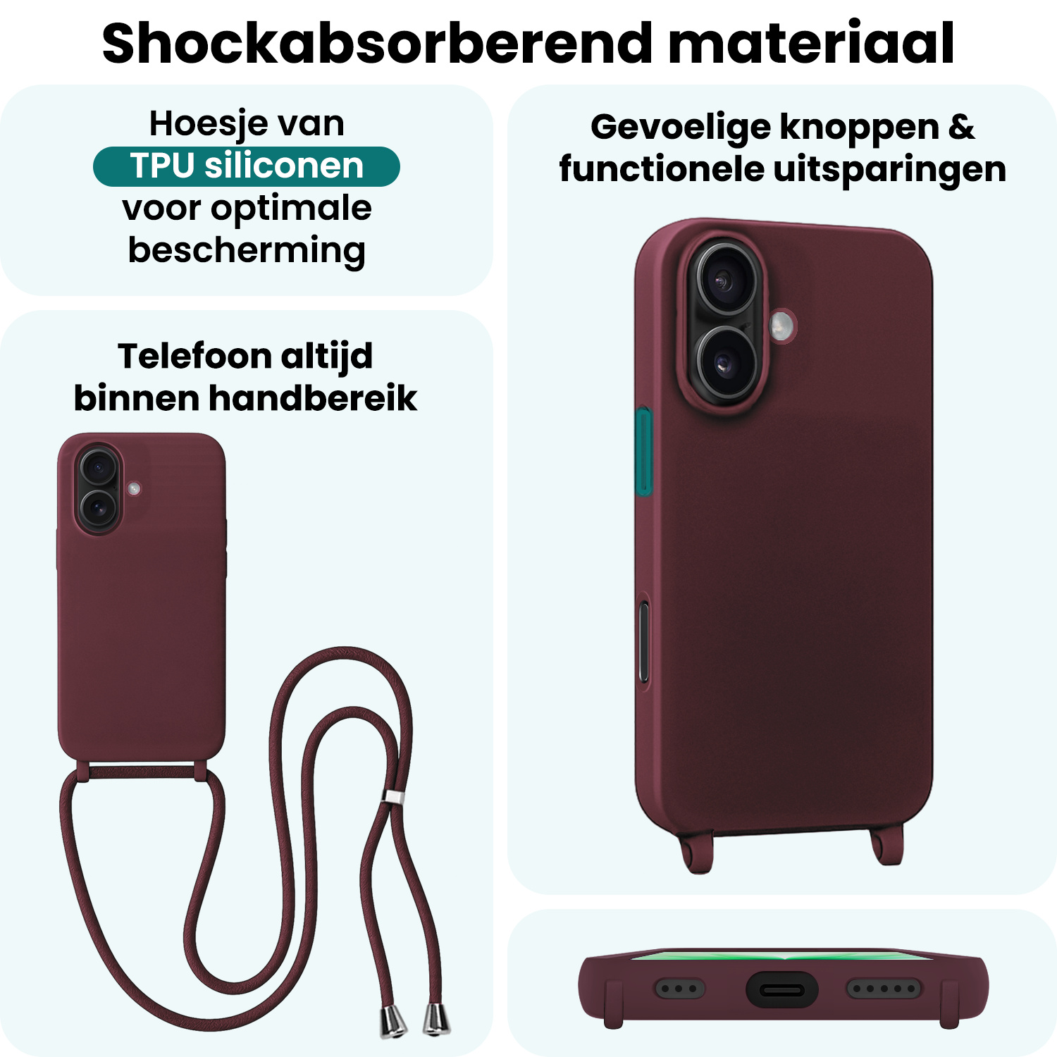 Forterra Forterra iPhone 17 Hoesje met Koord Met Screenprotector - Aubergine