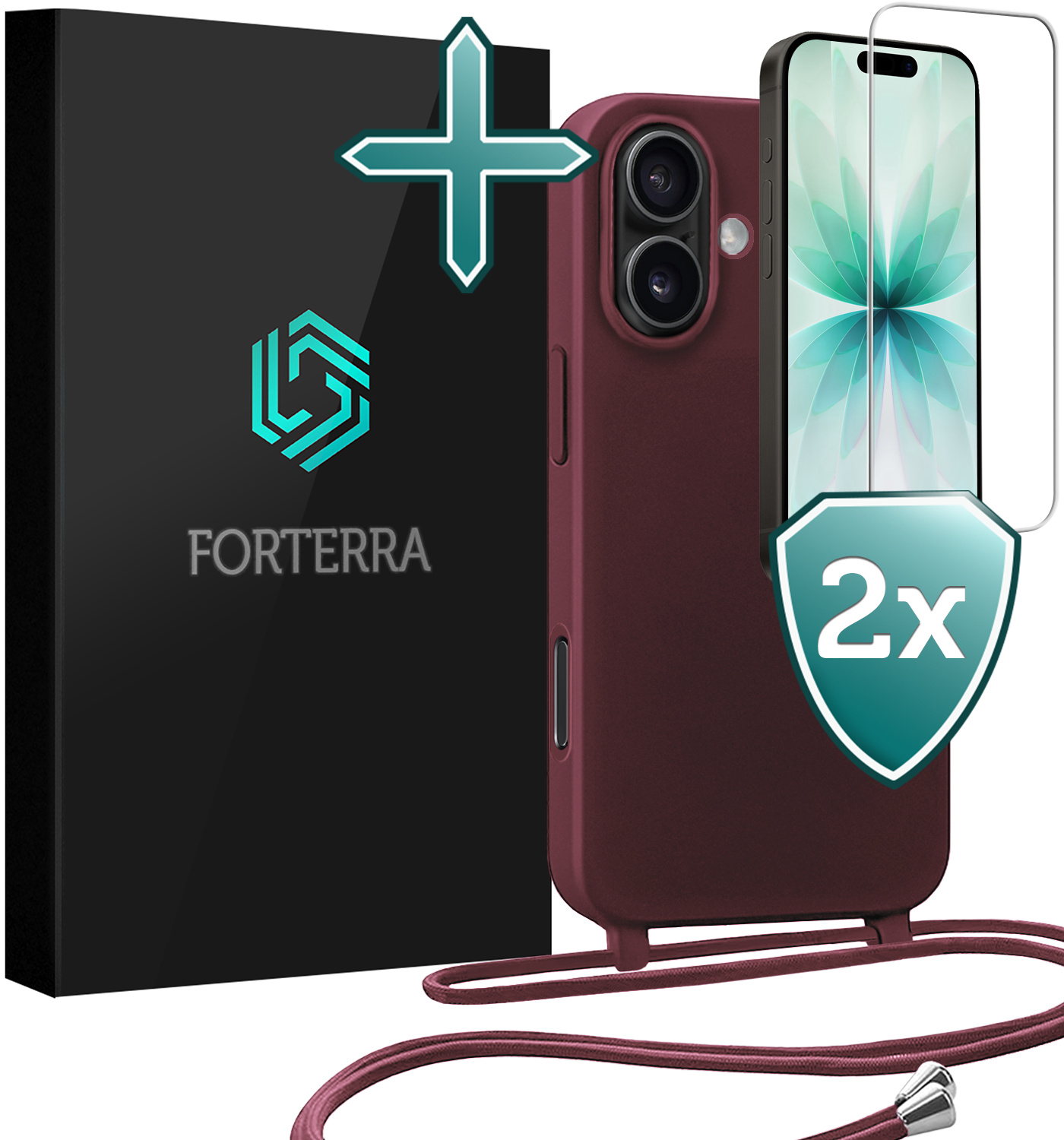 Forterra Forterra iPhone 17 Hoesje met Koord Met 2x Screenprotector - Aubergine