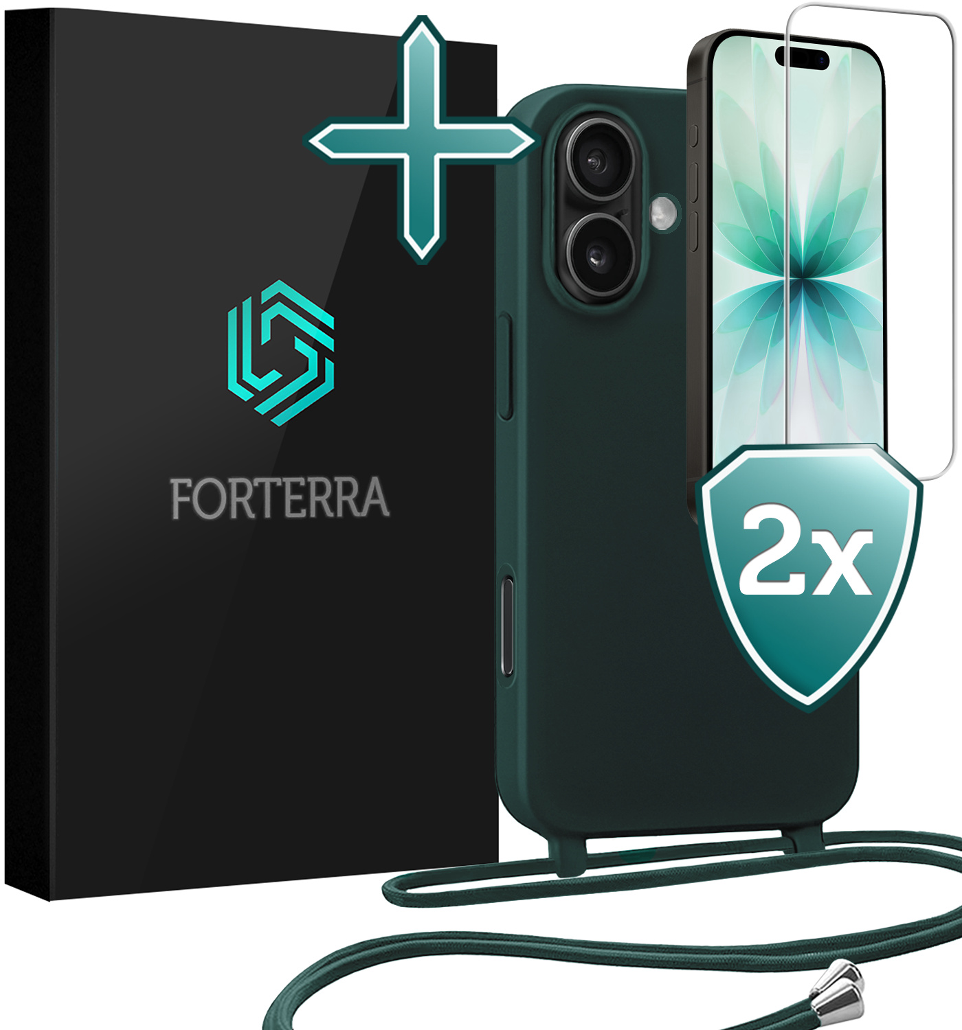 Forterra Forterra iPhone 17 Hoesje met Koord Met 2x Screenprotector - Donkergroen
