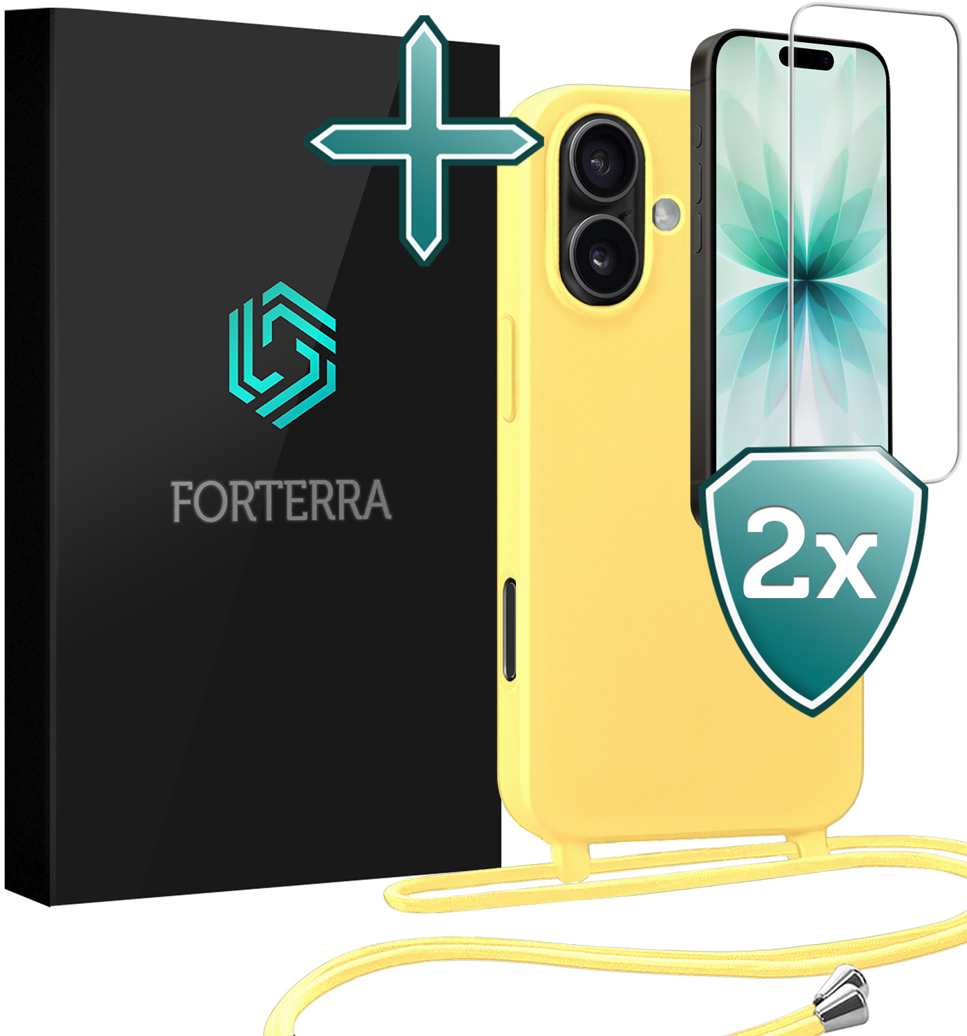 Forterra Forterra iPhone 17 Hoesje met Koord Met 2x Screenprotector - Geel
