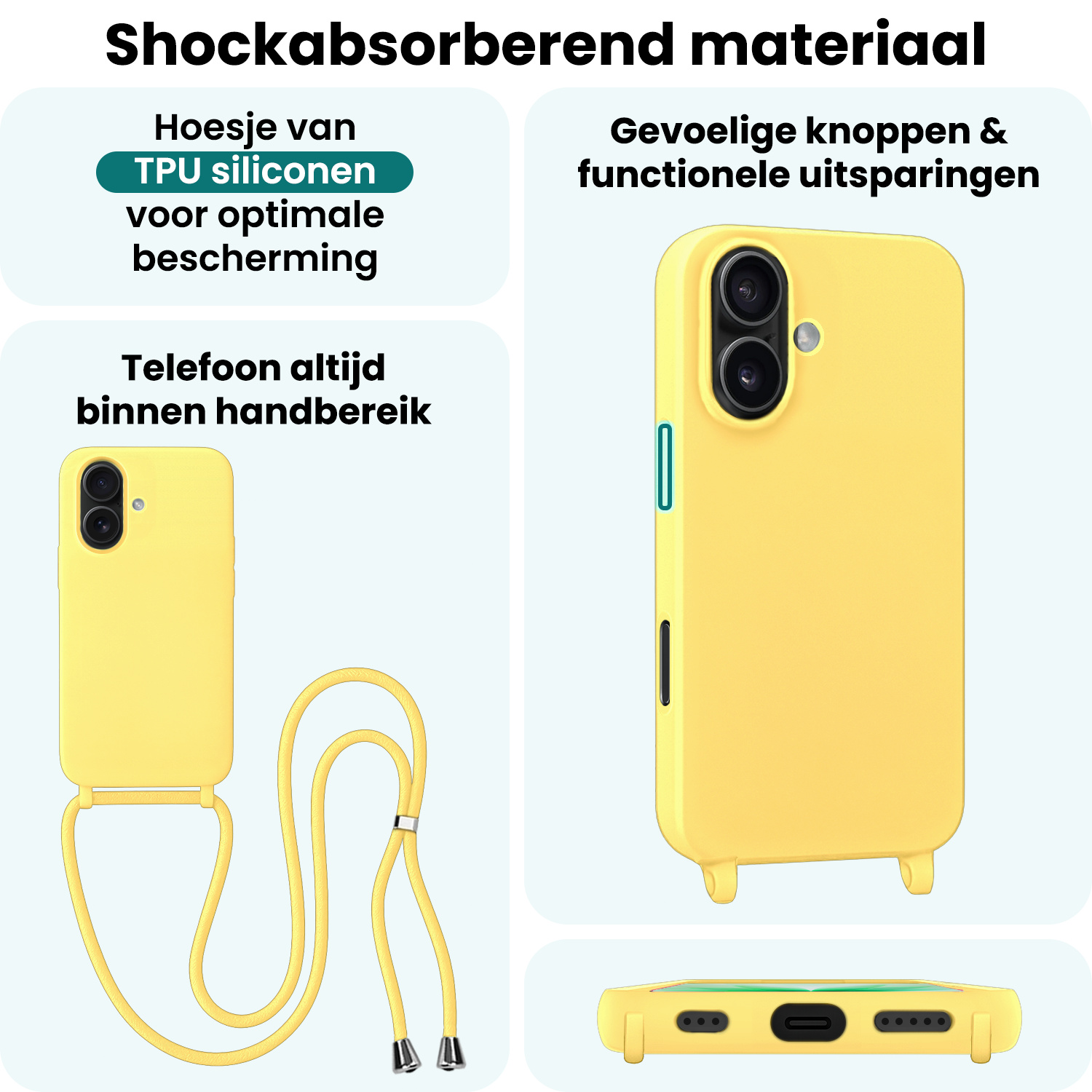 Forterra Forterra iPhone 17 Hoesje met Koord Met 2x Screenprotector - Geel