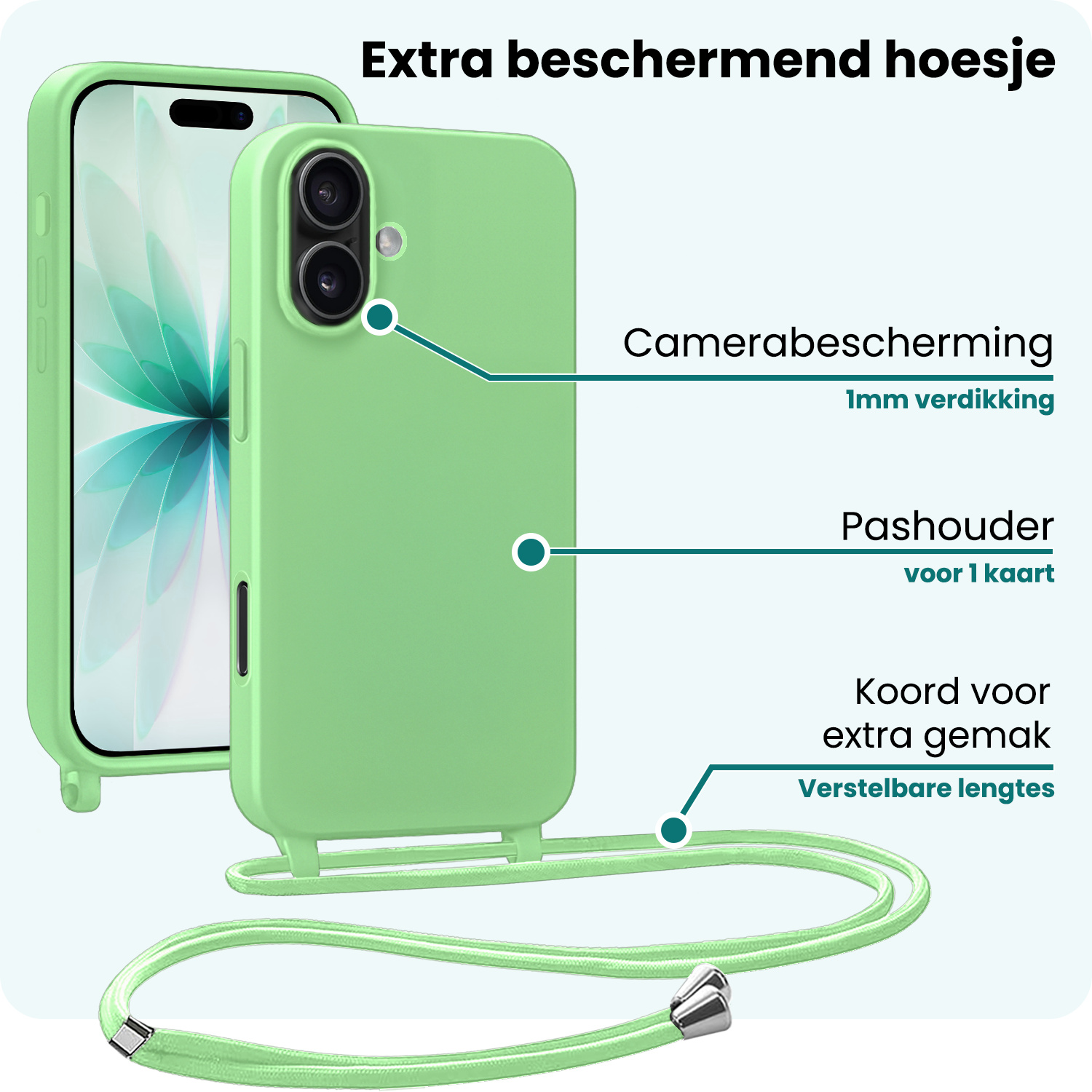 Forterra Forterra iPhone 17 Hoesje met Koord Met 2x Screenprotector - Groen