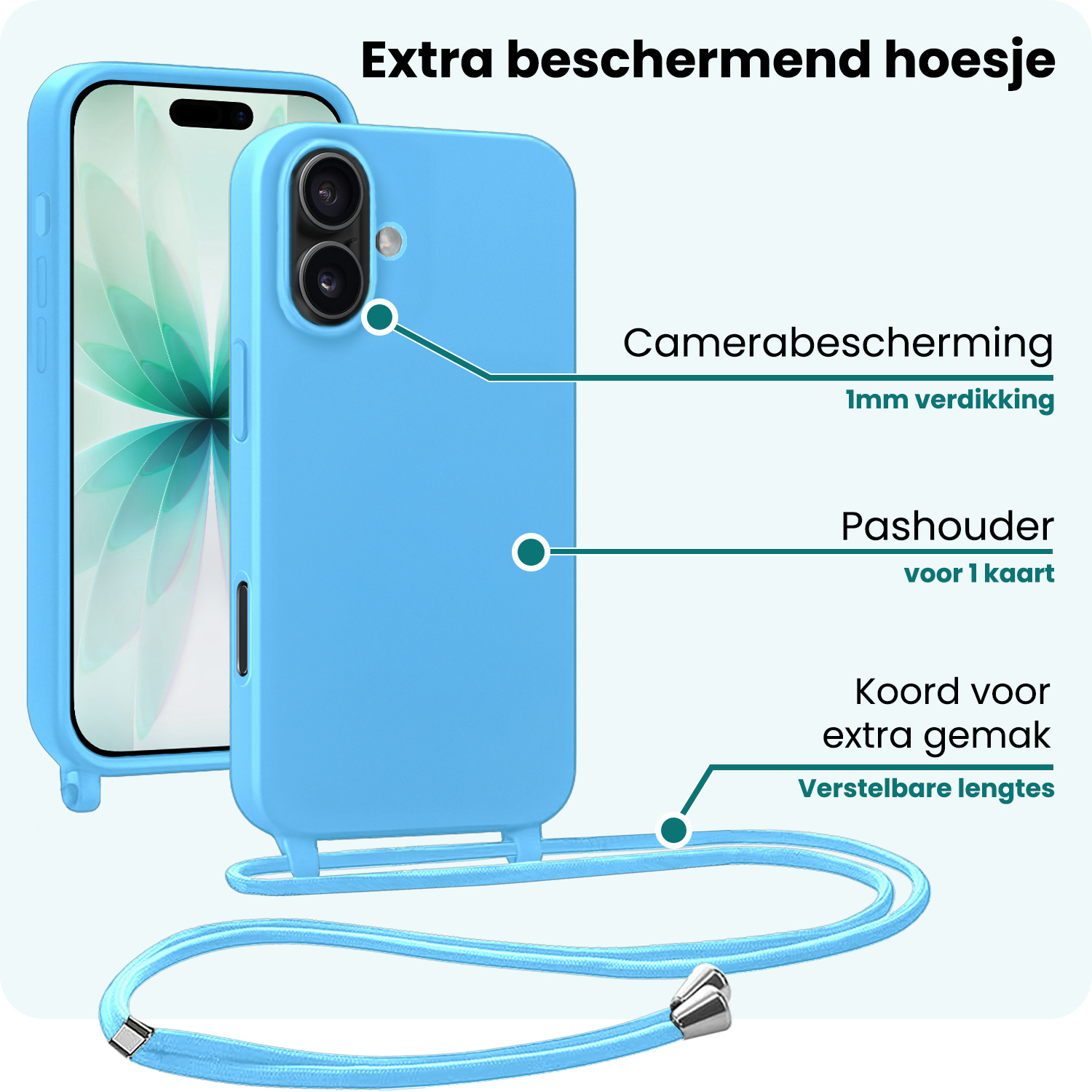 Forterra Forterra iPhone 17 Hoesje met Koord - Lichtblauw - 2 PACK