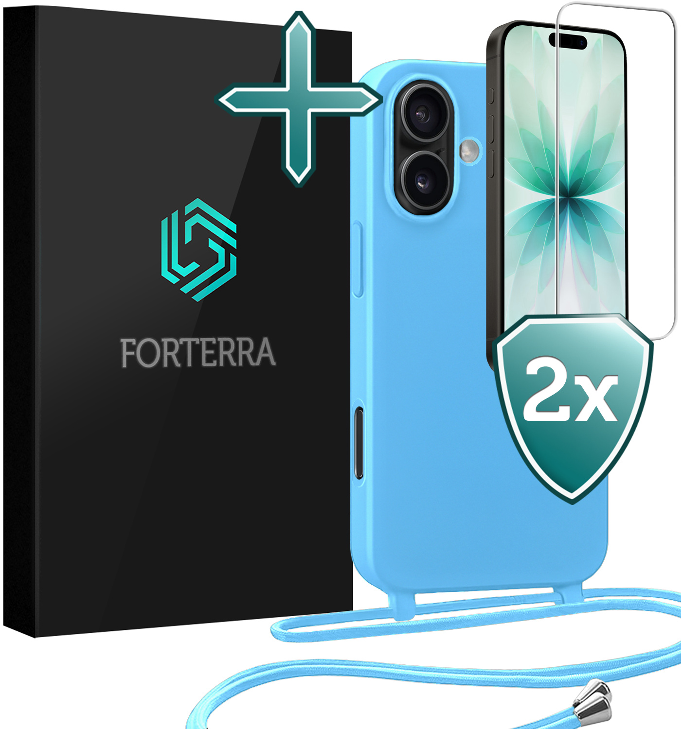 Forterra Forterra iPhone 17 Hoesje met Koord Met 2x Screenprotector - Lichtblauw