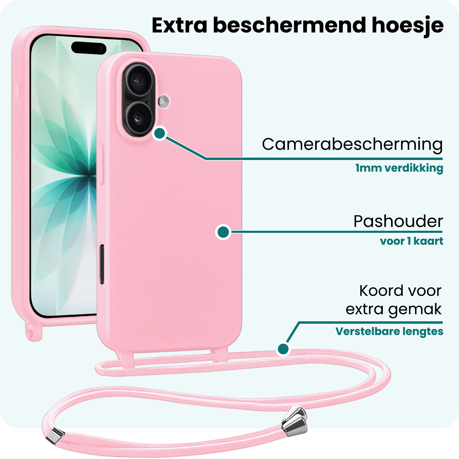 Forterra Forterra iPhone 17 Hoesje met Koord - Lichtroze - 2 PACK