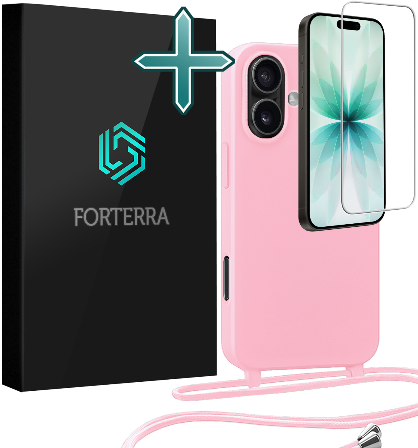 Forterra Forterra iPhone 17 Hoesje met Koord Met Screenprotector - Lichtroze