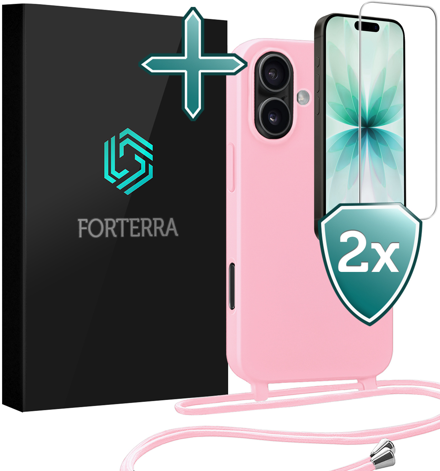 Forterra Forterra iPhone 17 Hoesje met Koord Met 2x Screenprotector - Lichtroze