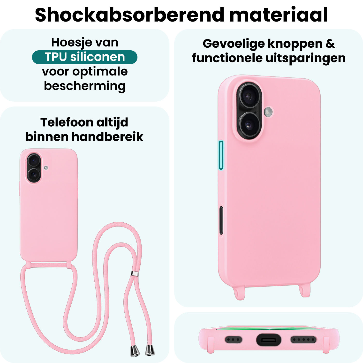 Forterra Forterra iPhone 17 Hoesje met Koord Met 2x Screenprotector - Lichtroze