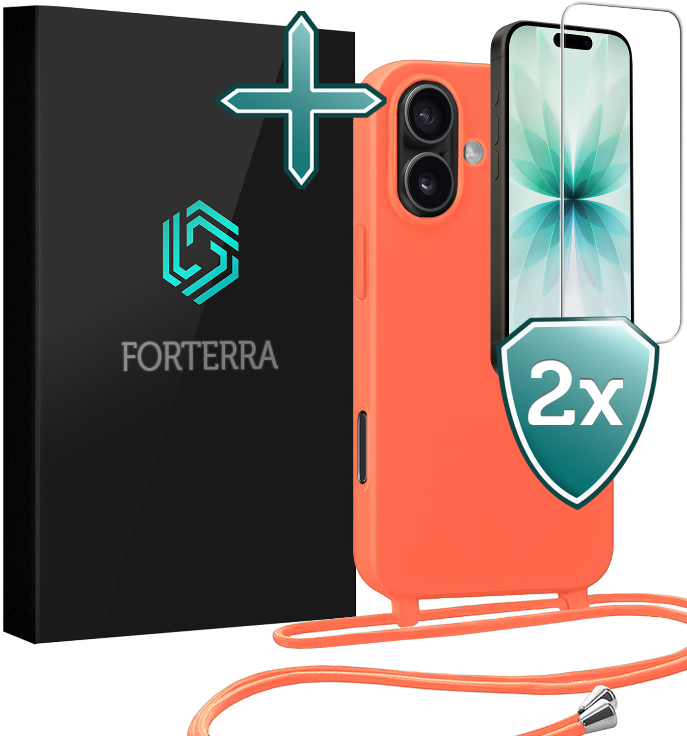 Forterra Forterra iPhone 17 Hoesje met Koord Met 2x Screenprotector - Papaya