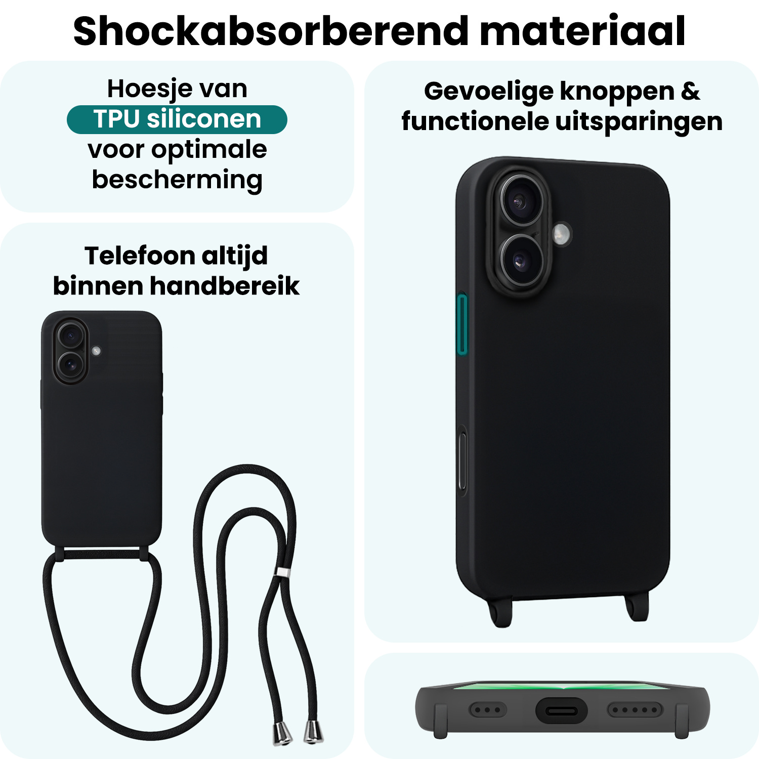 Forterra Forterra iPhone 17 Hoesje met Koord Met Screenprotector - Zwart