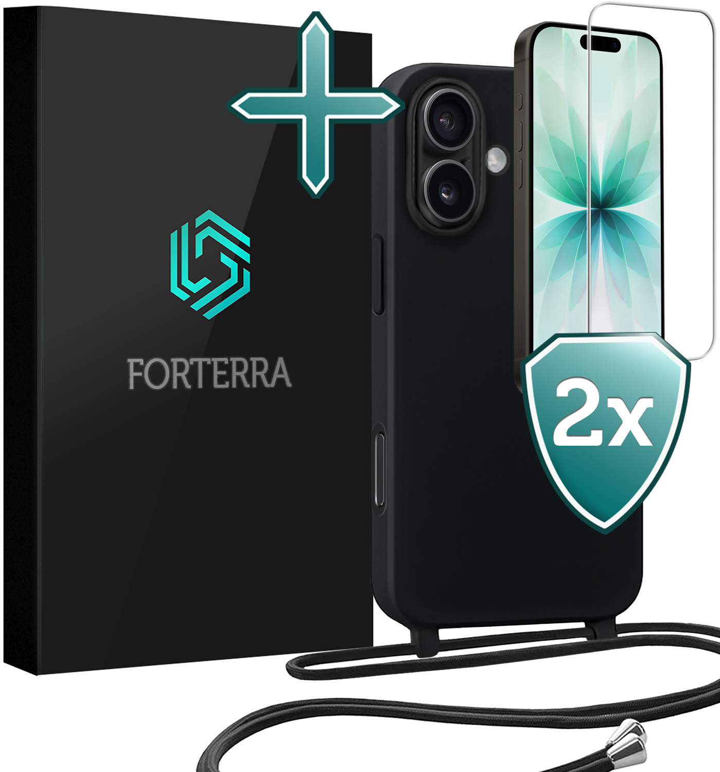 Forterra Forterra iPhone 17 Hoesje met Koord Met 2x Screenprotector - Zwart
