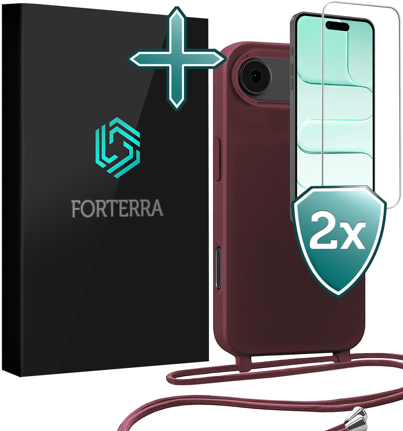 Forterra Forterra iPhone Air Hoesje met Koord Met 2x Screenprotector - Aubergine