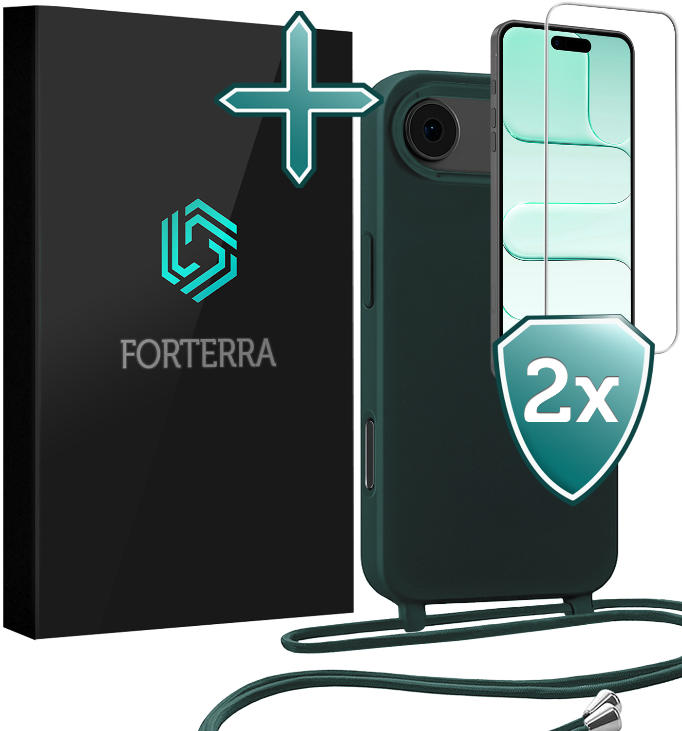 Forterra Forterra iPhone Air Hoesje met Koord Met 2x Screenprotector - Donkergroen