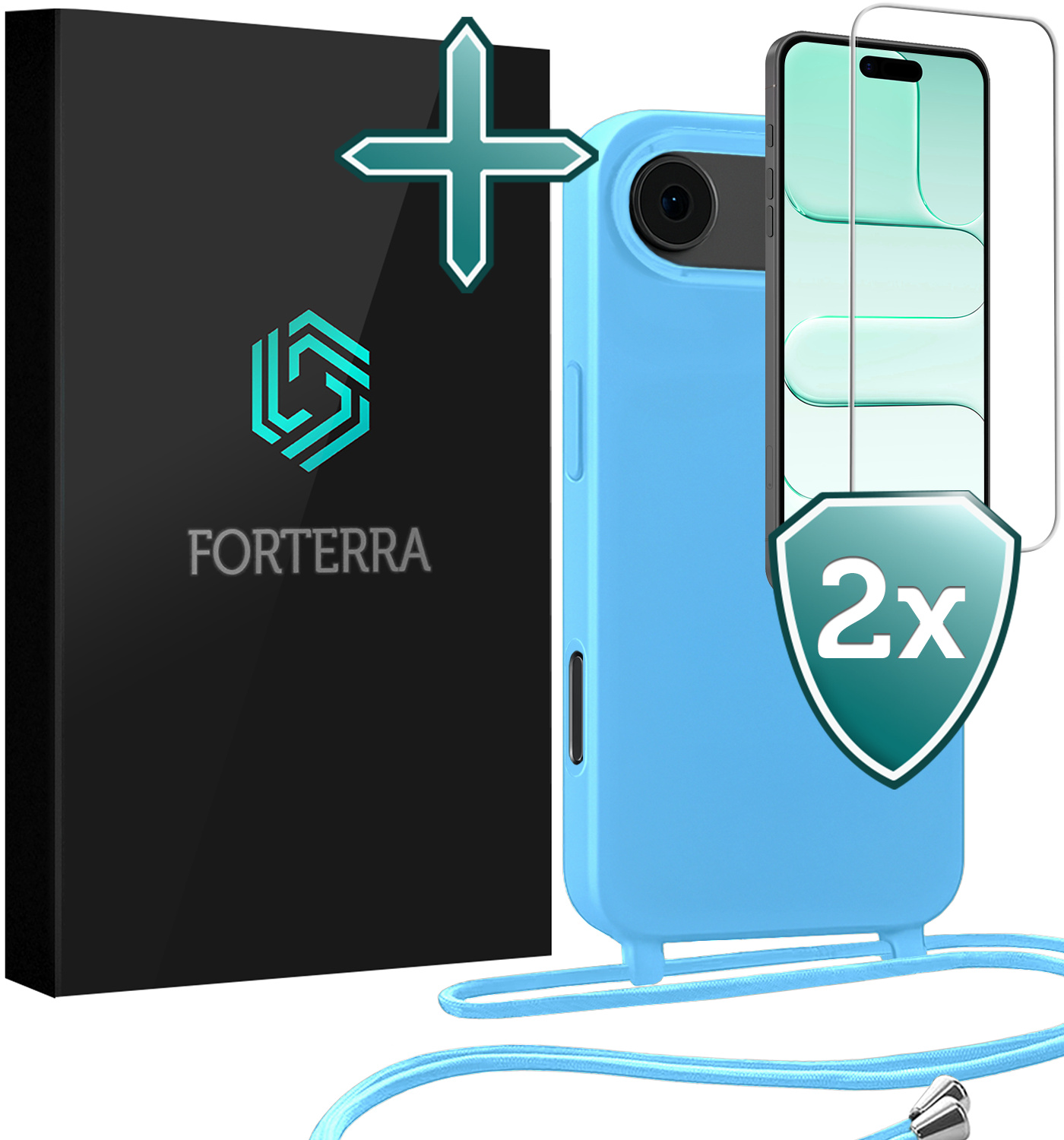 Forterra Forterra iPhone Air Hoesje met Koord Met 2x Screenprotector - Lichtblauw