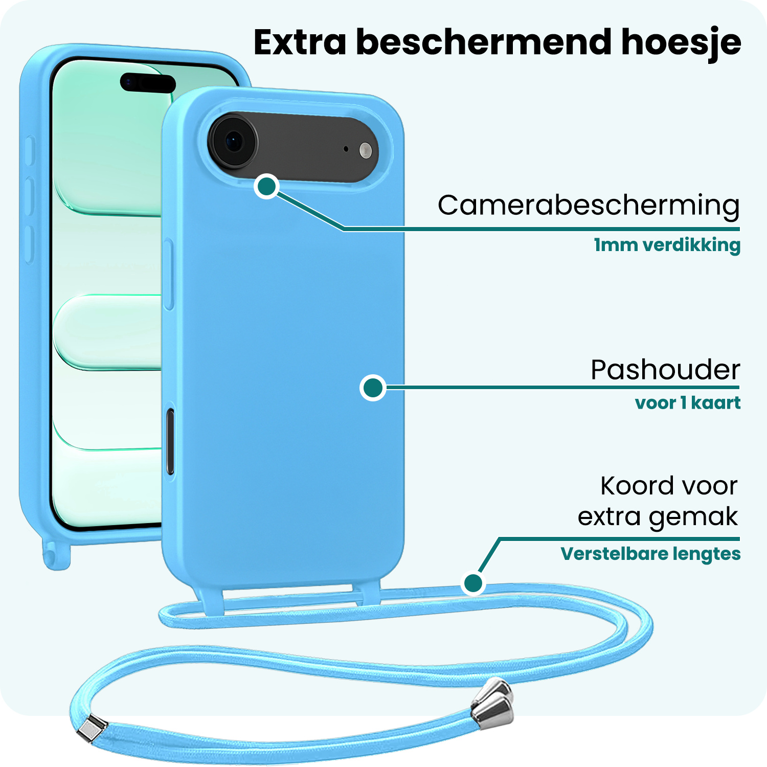 Forterra Forterra iPhone Air Hoesje met Koord Met 2x Screenprotector - Lichtblauw