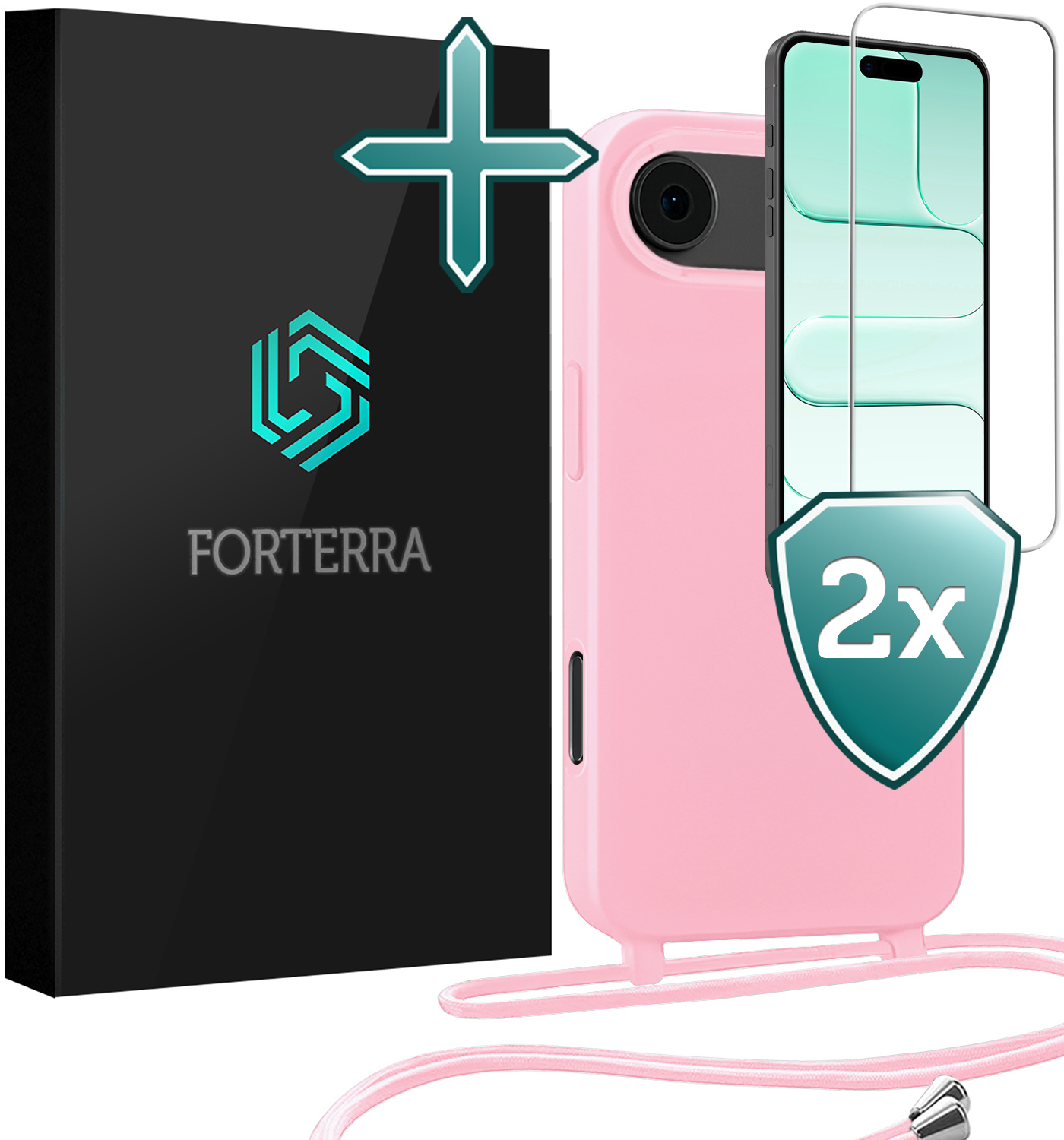 Forterra Forterra iPhone Air Hoesje met Koord Met 2x Screenprotector - Lichtroze
