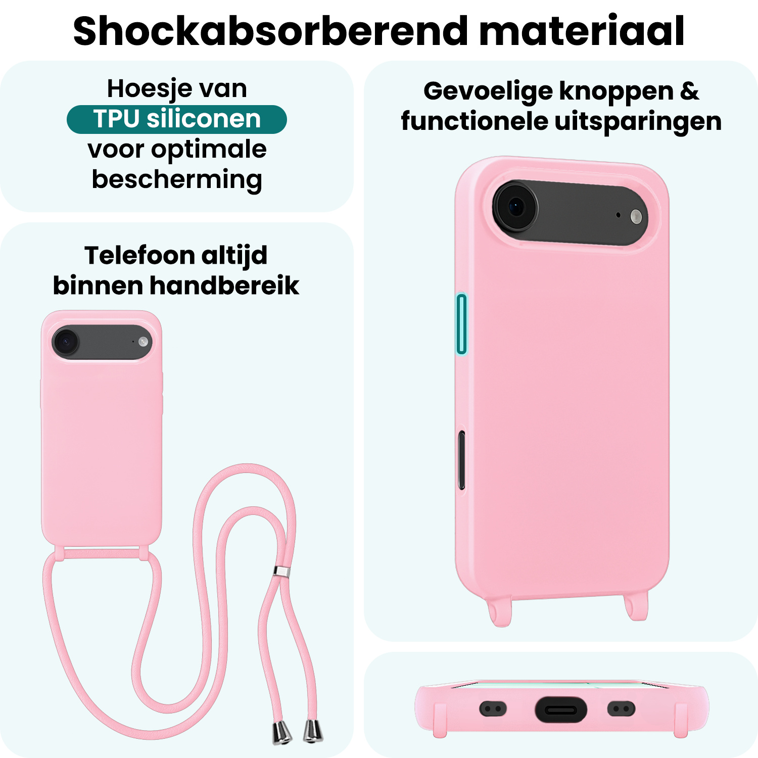 Forterra Forterra iPhone Air Hoesje met Koord Met 2x Screenprotector - Lichtroze