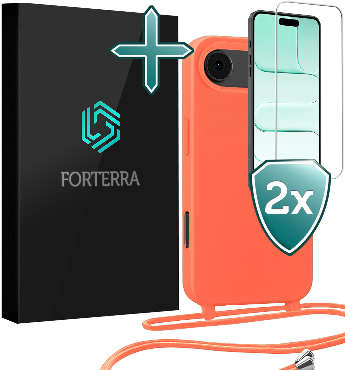 Forterra Forterra iPhone Air Hoesje met Koord Met 2x Screenprotector - Papaya