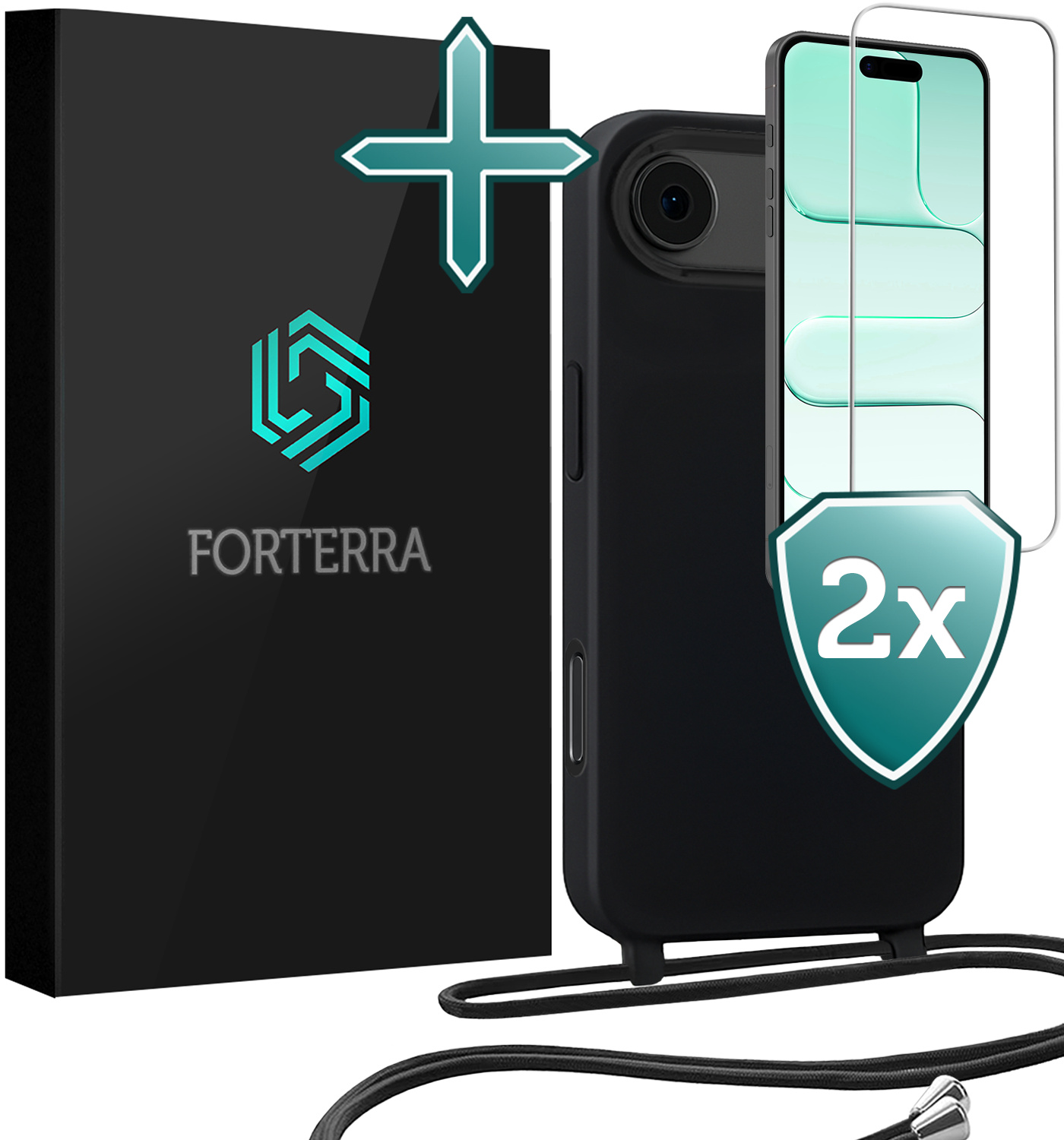 Forterra Forterra iPhone Air Hoesje met Koord Met 2x Screenprotector - Zwart