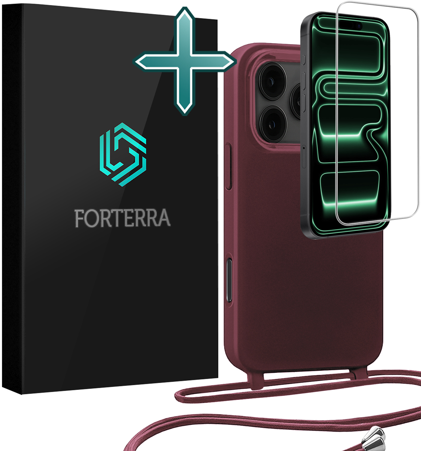 Forterra Forterra iPhone 17 Pro Hoesje met Koord Met Screenprotector - Aubergine