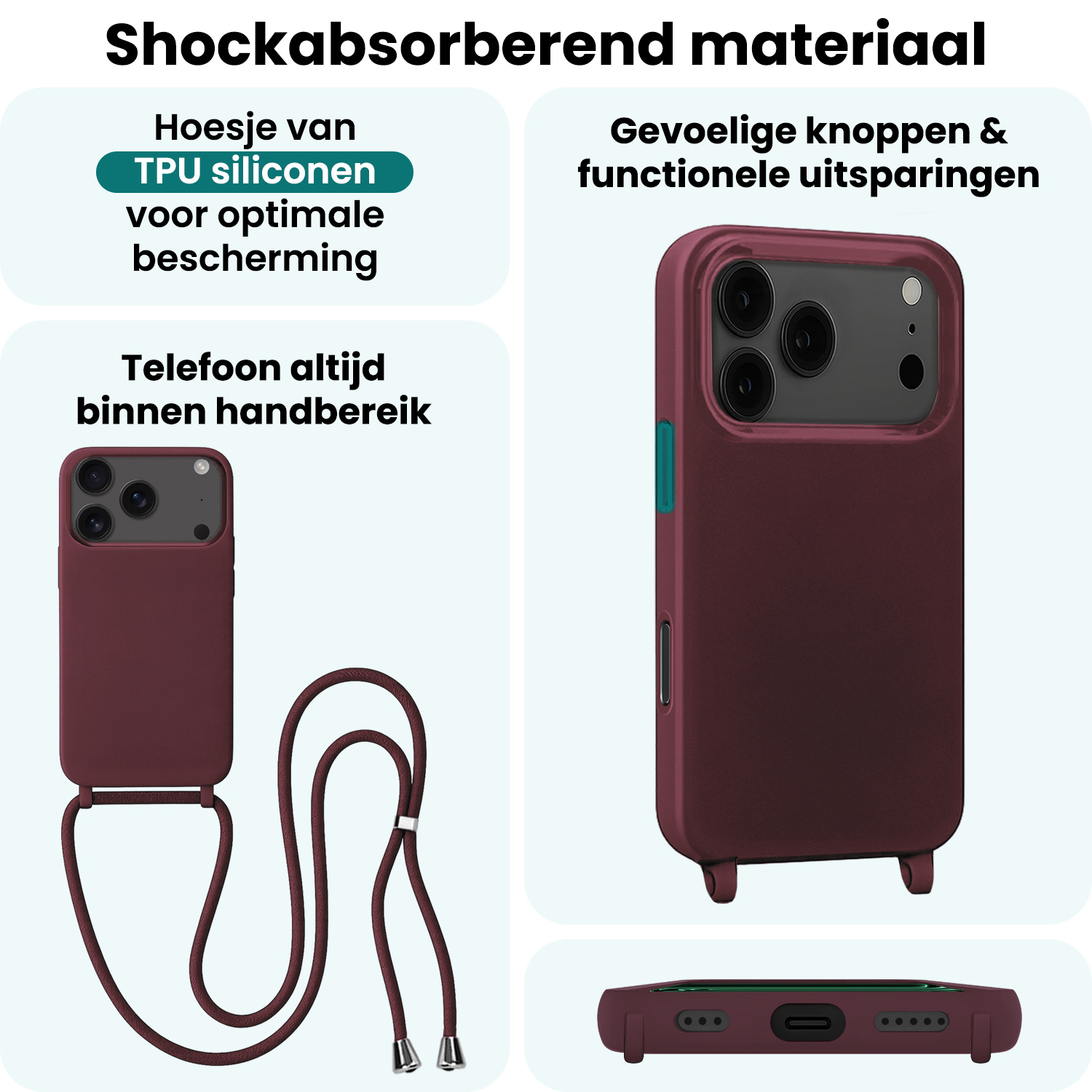 Forterra Forterra iPhone 17 Pro Hoesje met Koord Met Screenprotector - Aubergine