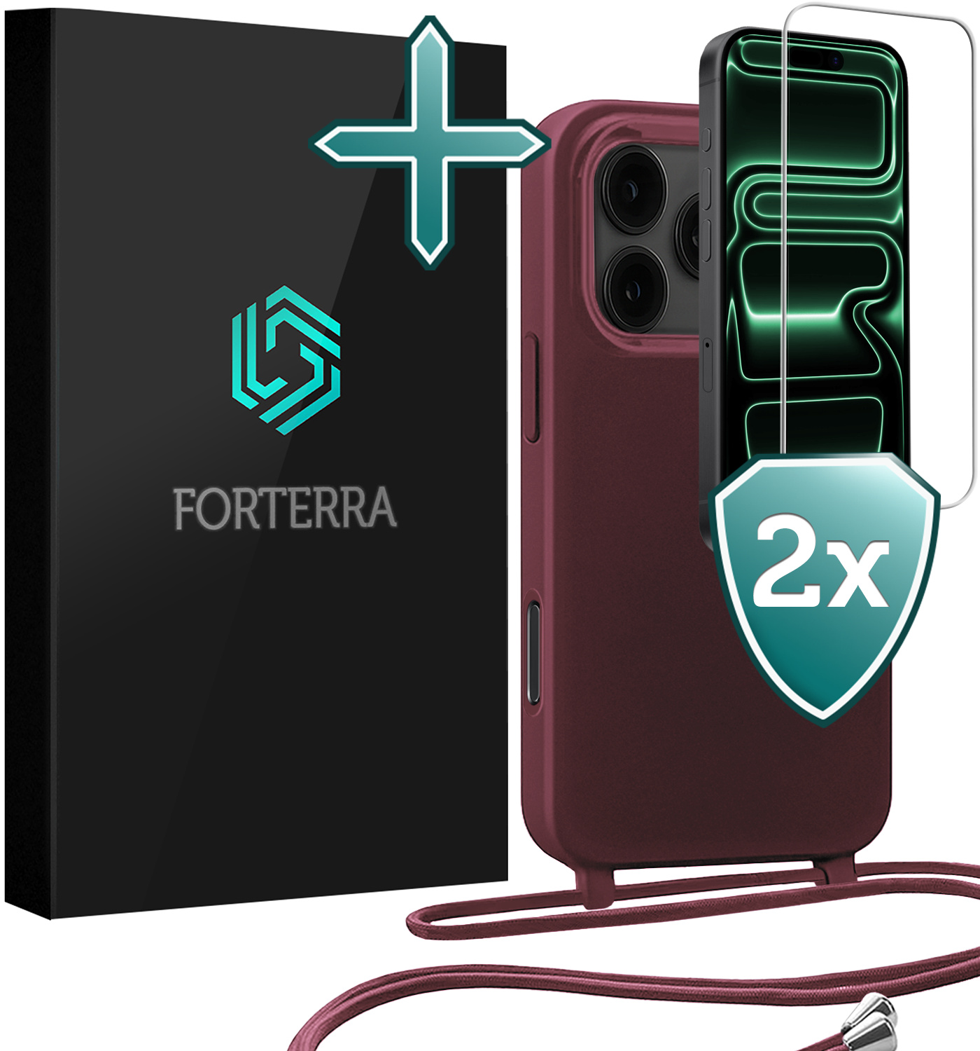 Forterra Forterra iPhone 17 Pro Hoesje met Koord Met 2x Screenprotector - Aubergine