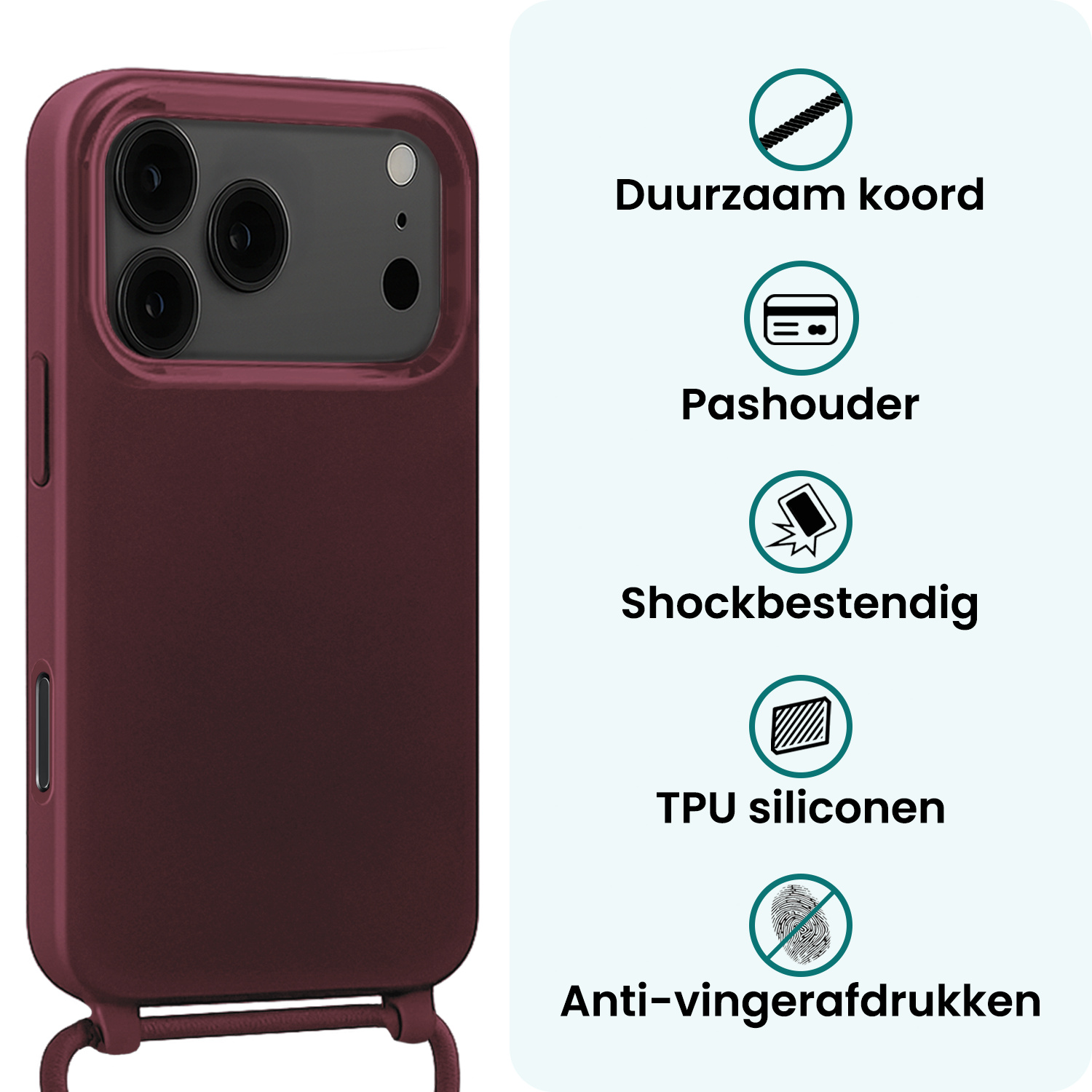 Forterra Forterra iPhone 17 Pro Hoesje met Koord Met 2x Screenprotector - Aubergine